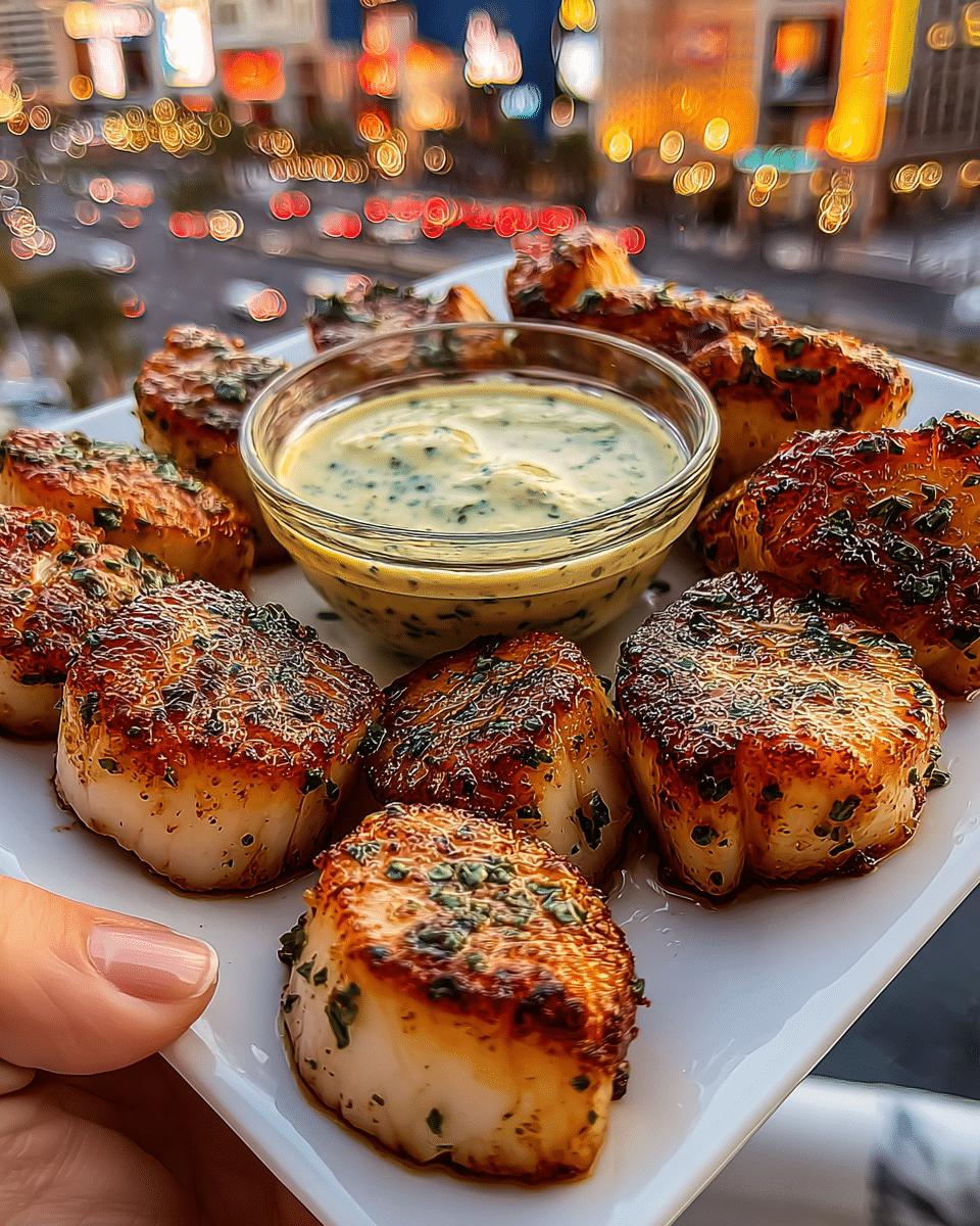 A white square plate filled with several pieces of golden-brown grilled scallops, each scallop showing a slightly charred, crispy outer layer with visible herbs sprinkled on top, and a tender, white inside. In the center of the plate, a small round glass bowl contains a creamy light yellow sauce speckled with green herbs. The edges of the scallops are close to the bowl, creating a circular pattern. A woman's hand gently holds the plate from the left side. The background shows blurred city lights and buildings with a white marbled surface below, photo taken with an iphone --ar 4:5 --v 7