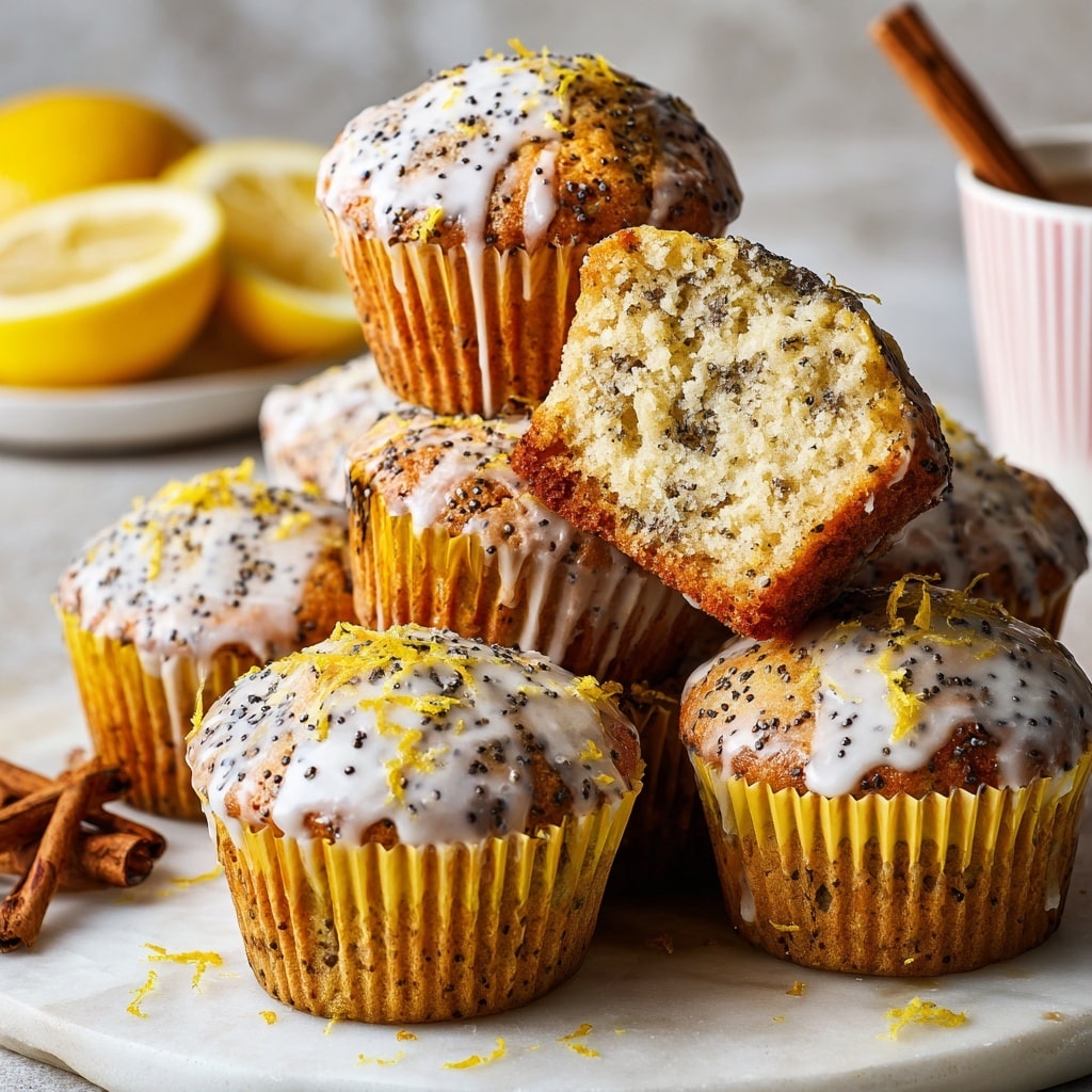 A close-up view of a pile of lemon poppy seed muffins on a white marbled surface, each muffin wrapped in yellow paper liners with a golden-brown top spotted with tiny black poppy seeds. The muffins have a shiny drift of white icing drizzled unevenly over the tops, with bright yellow lemon zest sprinkled on and around them. One muffin is broken in half and held upright on top of the pile, showing a soft, moist, speckled crumb inside. In the blurred background, there is a white plate with lemon halves and a pink and white striped cup with a cinnamon stick. Photo taken with an iphone --ar 4:5 --v 7