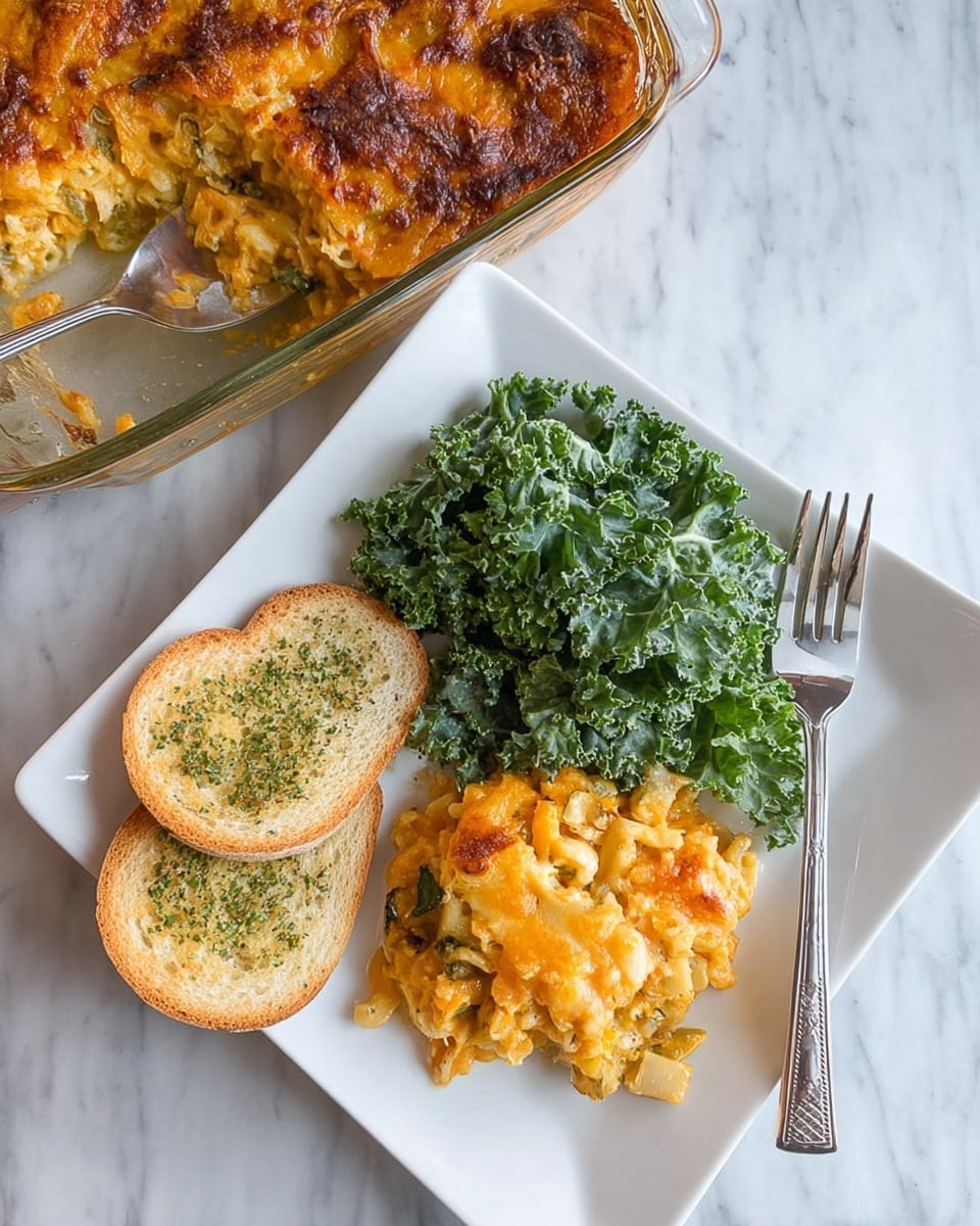 The white square plate holds three food items arranged side by side: a large portion of cooked kale on the left, fresh and dark green with curly leaves; a serving of cheesy baked casserole on the right, golden brown on top with a mix of creamy orange and light beige layers showing texture and bits of vegetables underneath; and in front of the casserole, two toasted slices of garlic bread with a light golden crust and green herb seasoning visible on the surface. Above the plate and to the top left is a glass baking dish with more casserole, browned on top with a large spoon resting inside. The whole scene is set on a white marbled surface with a silver fork placed to the right of the plate. photo taken with an iphone --ar 4:5 --v 7
