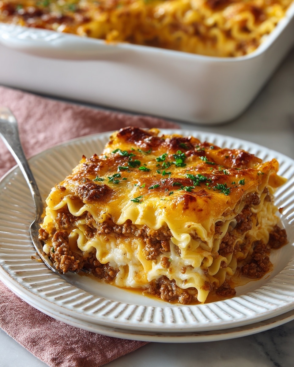 A square piece of baked pasta casserole sits on a white plate over a white marbled texture surface, showing multiple layers. The bottom layer is small cooked pasta noodles, pale cream in color and curly. Above that is a thick layer of browned ground meat, deep brown and crumbly. On top of the meat, there is a layer of melted cheese that is golden and bubbly, slightly browned in spots with a soft texture. A small sprinkle of chopped green herbs decorates the top center. A silver fork rests on the plate's edge to the right. In the blurred background, a white casserole dish filled with the same baked pasta casserole is visible. photo taken with an iphone --ar 4:5 --v 7