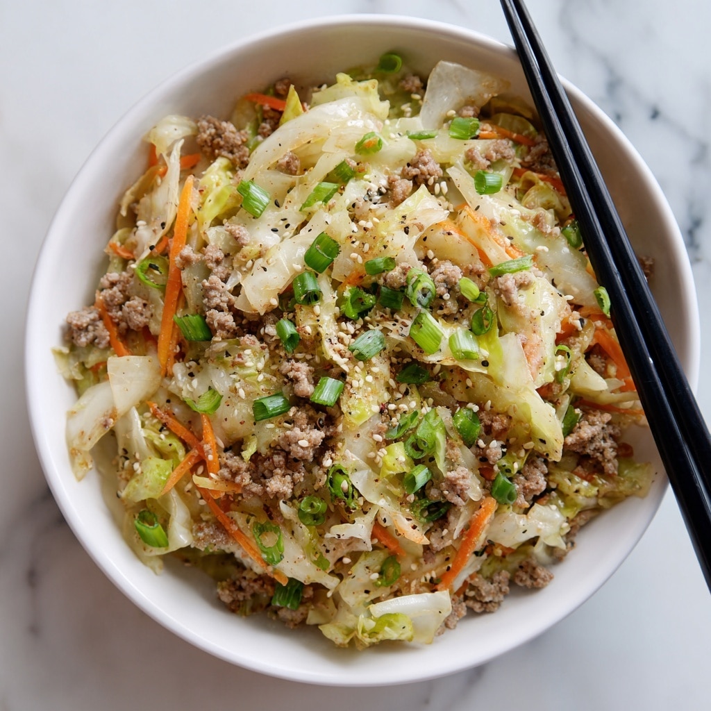 A close-up view of a black bowl filled with a colorful stir-fry dish sitting on a white marbled surface. The stir-fry has several layers: the base is light yellow cabbage pieces with a slightly soft texture, mixed throughout with small, crumbled pieces of light brown cooked ground meat. Bright orange thin carrot strips are scattered evenly, adding color contrast. On top, chopped fresh green onions are spread across the dish for a hint of green, along with white sesame seeds sprinkled all over. Black pepper specks are visible over the dish, adding texture. A pair of black chopsticks rests diagonally on the edge of the bowl, which is placed on a dark gray cloth. Photo taken with an iphone --ar 4:5 --v 7