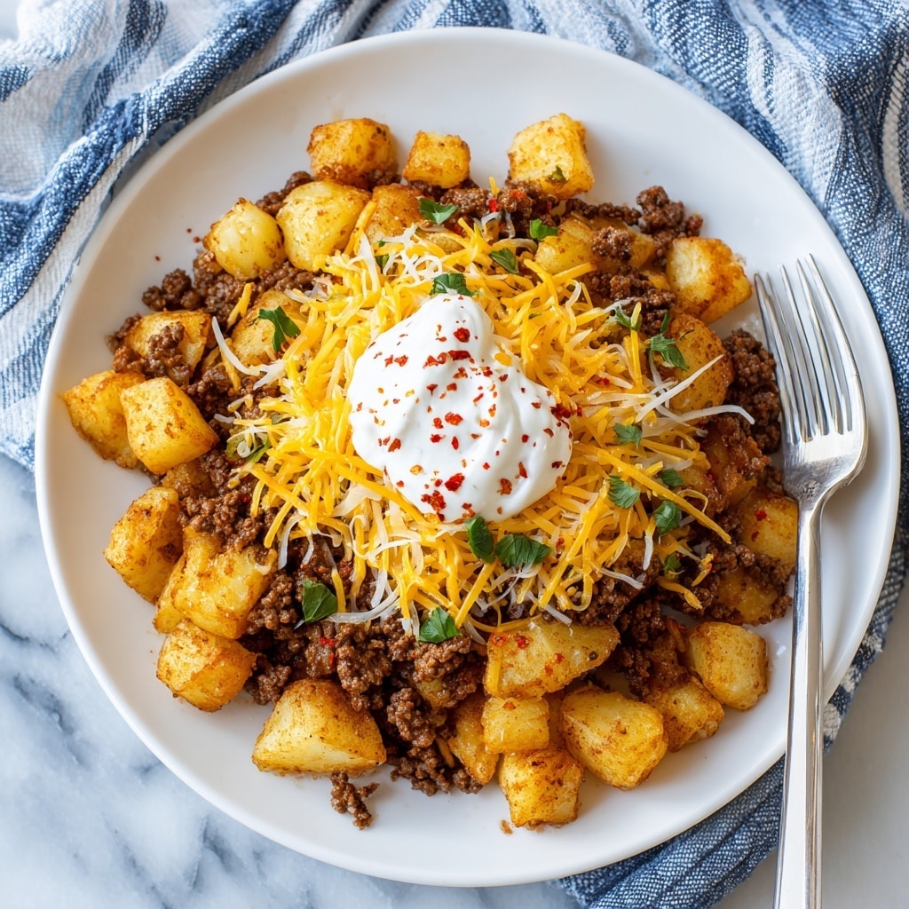 A white plate holds a dish with three visible layers arranged in a pile: the bottom layer is golden-brown crispy potato cubes, the middle layer is cooked ground beef with a rich dark brown color scattered between and on top of the potatoes, and the top layer is melted shredded cheese in bright yellow and white colors spreading unevenly. At the center, there is a dollop of white sour cream topped with red spices and small green herb leaves sprinkled over it and the surrounding ingredients. A fork is placed on the right side of the plate against a white marbled texture surface with a blue and white striped cloth peeking in from the lower right corner. photo taken with an iphone --ar 4:5 --v 7