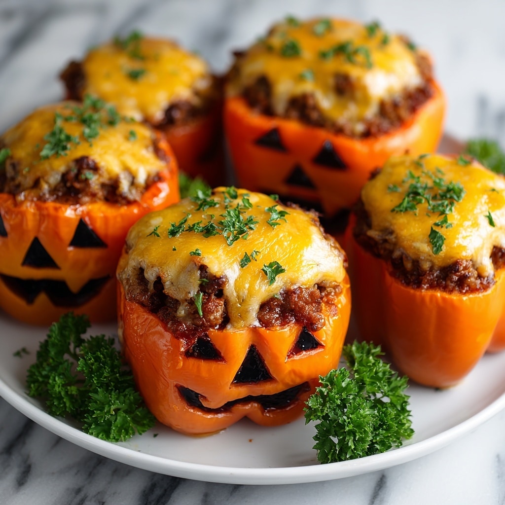 Four stuffed bell peppers carved to show jack-o'-lantern faces sit on a white plate. Each pepper is hollowed out, forming the base orange shell with triangle eyes and jagged mouths cut into the surface. They are filled with brown minced meat mixed with other ingredients, topped with melted yellow cheese that slightly drips down the sides. Small green parsley leaves are sprinkled on top and around the peppers for color. The plate rests on a white marbled surface. photo taken with an iphone --ar 4:5 --v 7