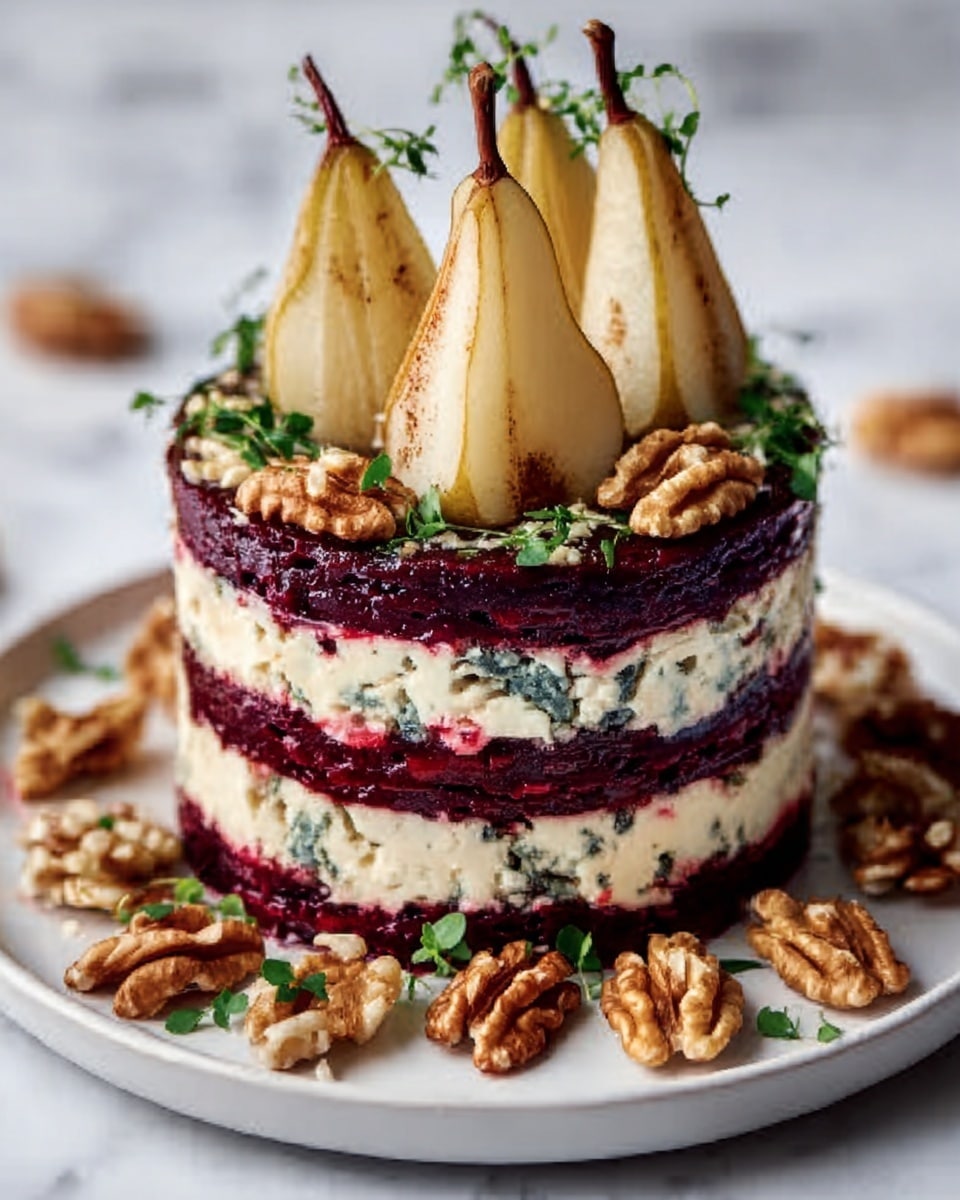 The dish is a stack of four layers made from thinly sliced deep red beets, each beet layer separated by a light blue cheese mixture with a crumbly texture. The stack is topped with two pear halves standing upright, with some small green herbs and whole walnuts placed on top and around the base of the stack. The stack is set on a white plate that sits on a white marbled surface. The presentation shows a mix of smooth, creamy, and crunchy textures with rich, earthy colors. Photo taken with an iphone --ar 4:5 --v 7