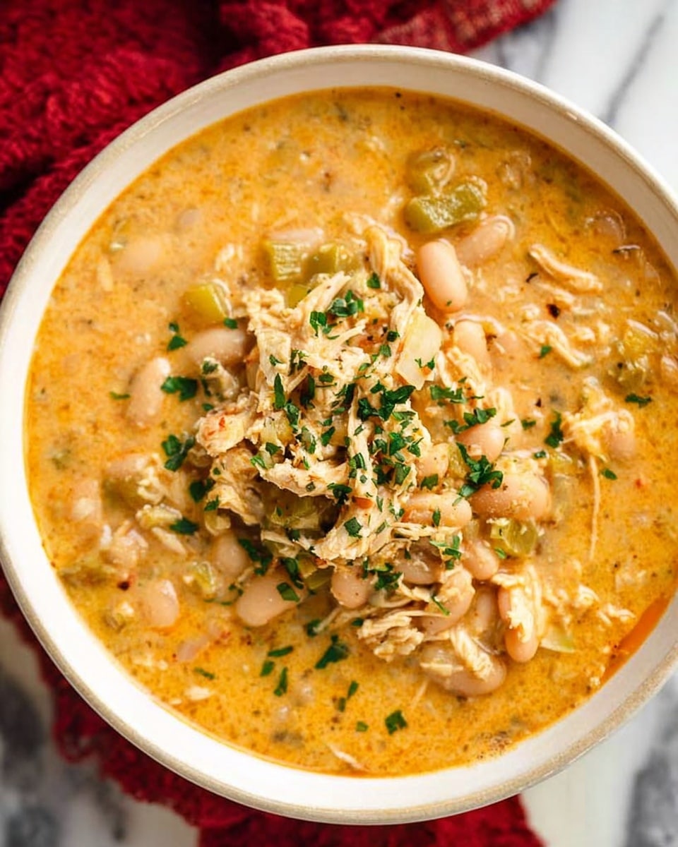A white bowl filled with a creamy, thick stew that has a light orange color. The stew is loaded with soft white beans and tender pieces of shredded chicken mixed with small diced green vegetables. The top layer is sprinkled with finely chopped green herbs, adding a splash of color to the dish. The bowl is placed on a white marbled surface, and part of a red cloth is visible in the background. Photo taken with an iphone --ar 4:5 --v 7
