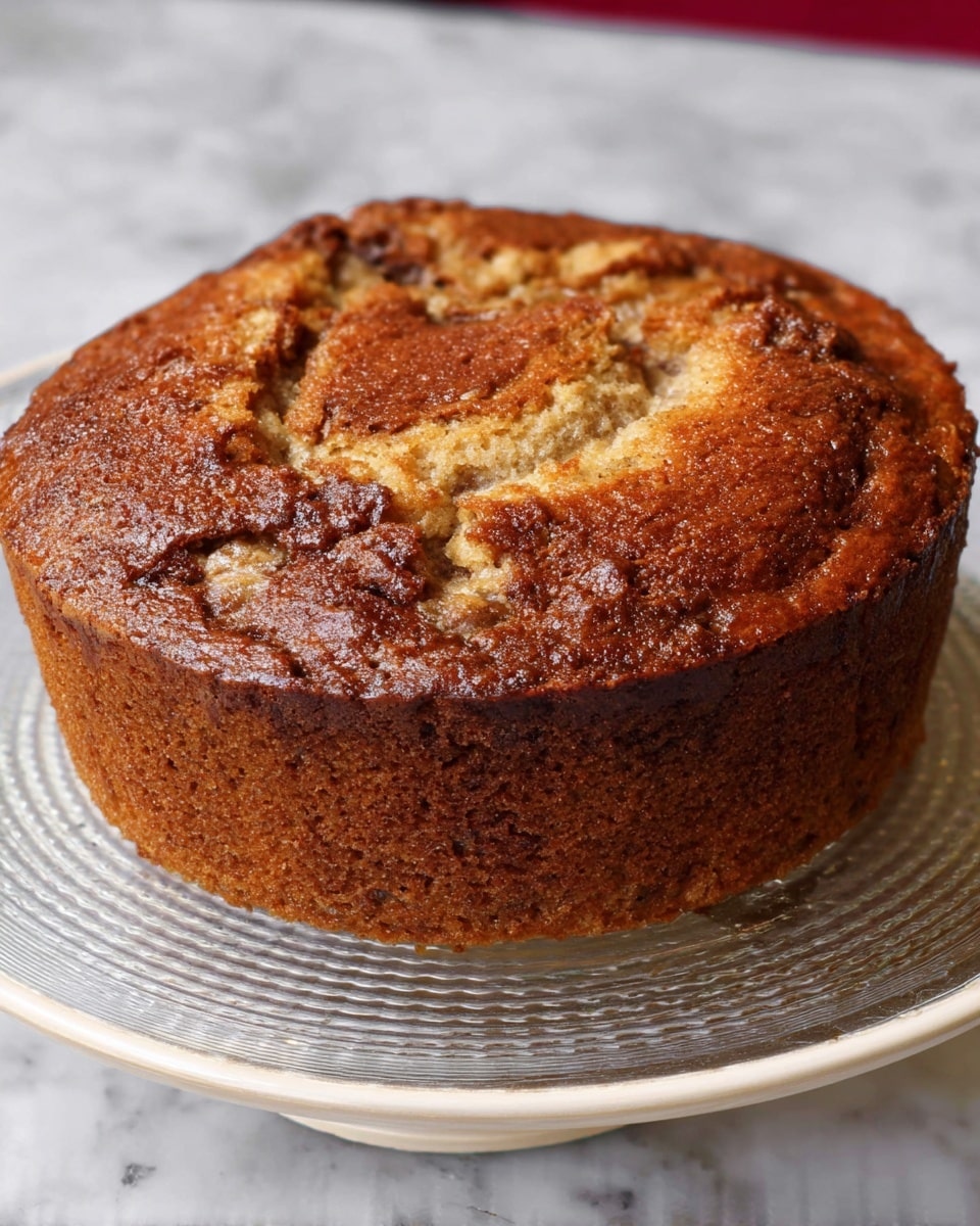 A single tall, round cake sits centered on a white plate with a clear textured glass base, placed on a white marbled surface. The cake has a rich, browned outer crust with a slightly darker base. Its top is uneven and cracked, showing a moist, dense interior with lighter golden-brown and beige swirls, suggesting a soft, textured inside. The cake’s surface looks slightly glossy and crumbly in parts, giving a fresh baked feel. Photo taken with an iphone --ar 4:5 --v 7
