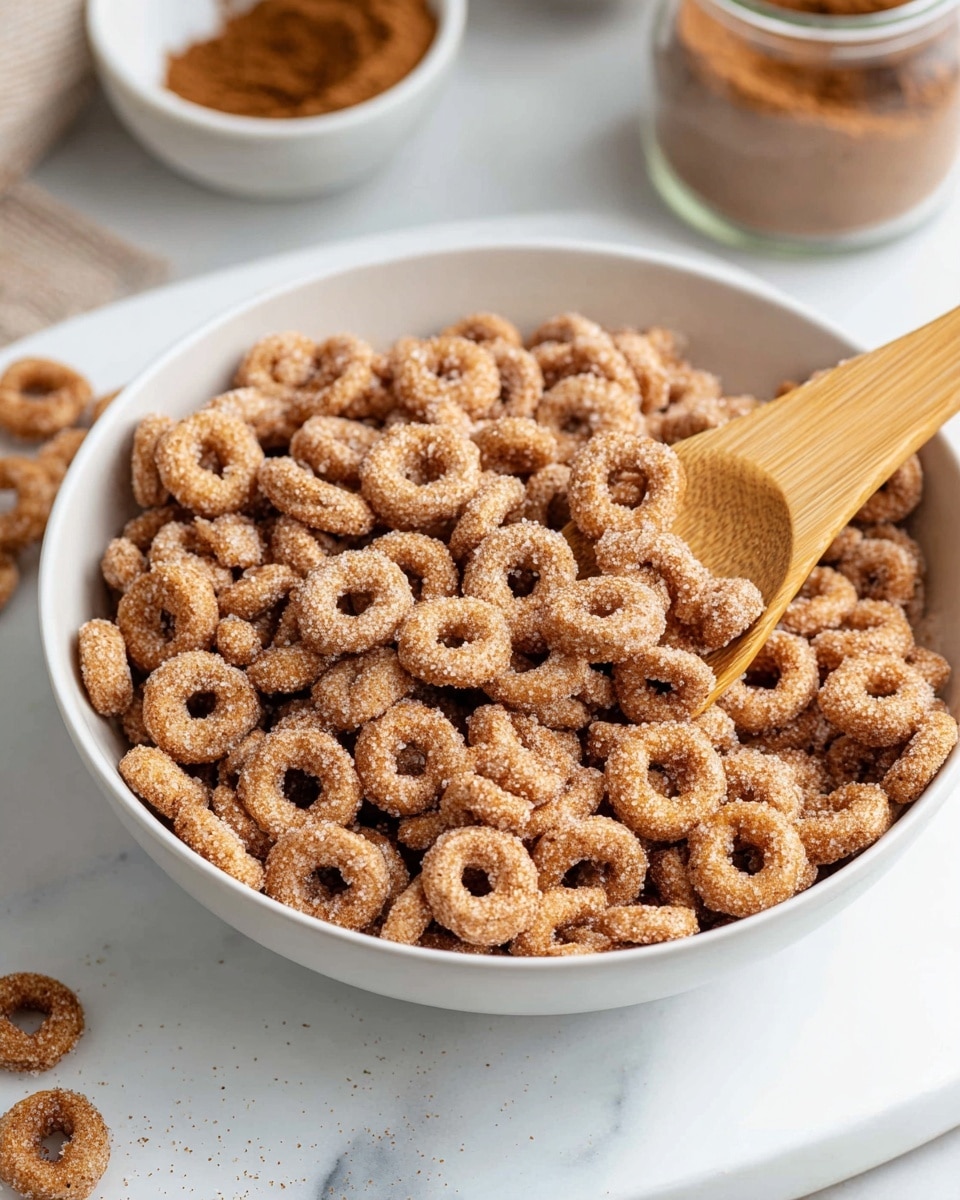 The image shows three white bowls filled with light brown cereal loops covered in a cinnamon sugar coating, each bowl decorated with colorful circular patterns in orange, red, green, and blue, placed on a white marbled surface. The bowls are full to the top with the cereal pieces standing out with their textured sugary coating. Loose pieces of the same cereal are scattered around the bowls on the surface, adding to the casual look of the scene. The focus is on the front bowl in the center, with the other two bowls placed slightly behind and to the sides. photo taken with an iphone --ar 4:5 --v 7