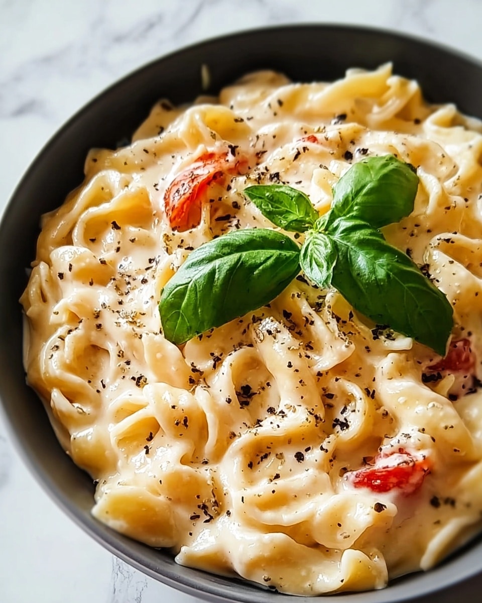 A close-up top view of a black bowl filled with creamy white sauce pasta, where short twisted pasta shapes are coated in the smooth sauce. The dish is topped with scattered green herbs and pepper flakes, adding texture and specks of dark green and red. In the center, a fresh, bright green basil leaf garnish sits on top, contrasting with the light sauce and pasta. The bowl sits on a white marbled surface, with a small glass container of crushed pepper and some loose fresh basil leaves placed nearby, adding freshness and color to the setup. photo taken with an iphone --ar 4:5 --v 7