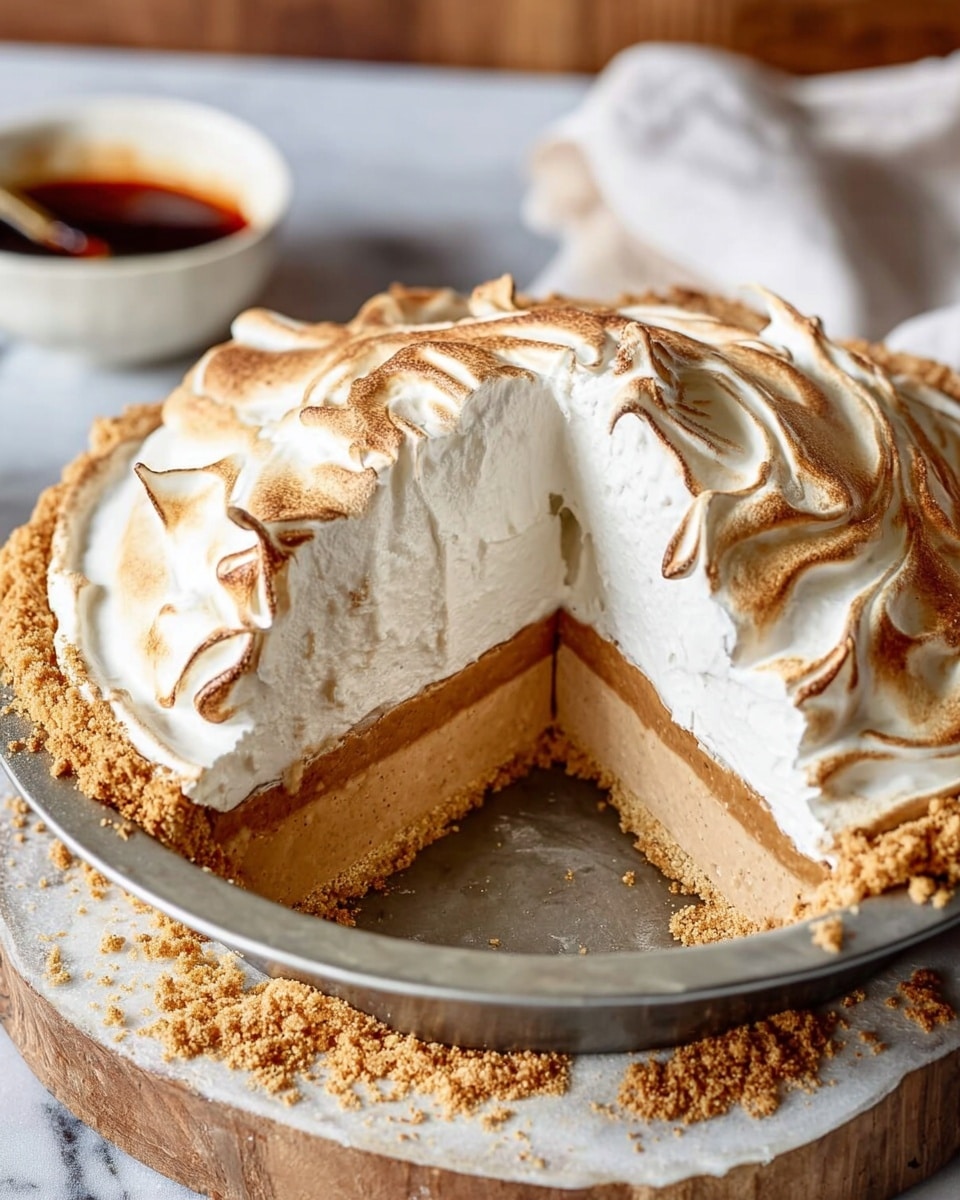 The image shows a three-layer pie with a thick, light golden crust that crumbles slightly at the edges. The bottom layer is a pale, soft crust. The middle layer is thick and smooth with a light brown color, taking up about half of the pie's height. The top layer is a tall, fluffy white whipped topping with swirls that are lightly browned on the surface. The pie is missing a slice, revealing the layers clearly. It sits in a metal pie tin placed on a rustic wooden board, with a white marbled texture background. A white bowl with a dark sauce is seen blurred in the background, along with a cloth. Photo taken with an iphone --ar 4:5 --v 7