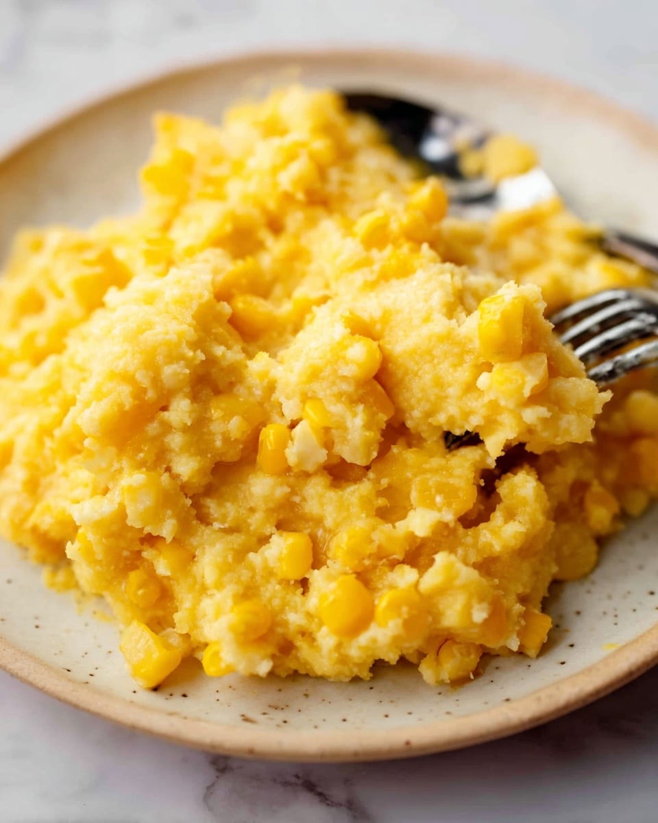 A close-up view of a creamy corn casserole showing a thick, golden-yellow top layer of melted cheese with a slightly bubbly texture. A wooden spoon scoops out a portion, revealing a bottom layer of soft, chunky corn mixed with a light, creamy base that has bits of whole corn kernels. The dish is displayed against a white marbled surface, emphasizing the rich, warm colors and textures of the casserole. photo taken with an iphone --ar 4:5 --v 7