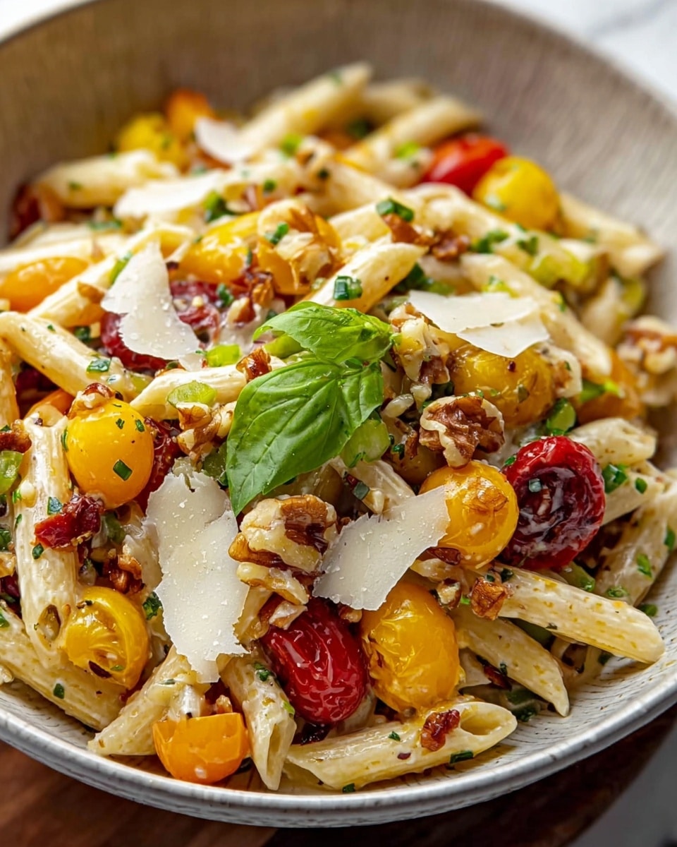 A close-up of a pasta salad served in a white bowl, with three main layers visible: the base layer of creamy white penne pasta, scattered with yellow and red cherry tomato halves; the middle layer includes pieces of green basil leaves and small chunks of walnuts, adding texture and color contrast; the top layer features thin white shavings of cheese, sprinkled with black pepper and tiny green herb bits, all resting against the white marbled texture background, capturing a fresh and vibrant look. Photo taken with an iphone --ar 4:5 --v 7