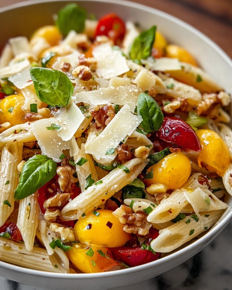 A close-up of a bowl of penne pasta salad with three main layers: the base is creamy off-white penne pasta, mixed with bright yellow and deep red cherry tomato halves scattered throughout. On top of this, there are small pieces of green herbs and bits of light brown toasted walnuts, adding texture. The dish is finished with thin shavings of white cheese and a single green basil leaf on top for garnish. The bowl is white with a subtle texture, and the background is a white marbled surface. photo taken with an iphone --ar 4:5 --v 7