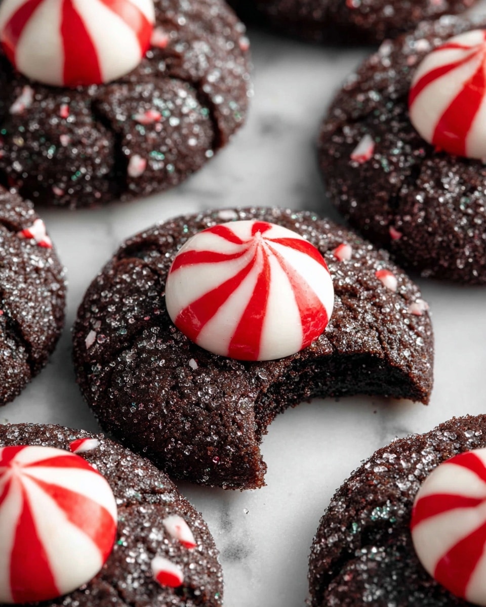 A close-up view of several dark chocolate cookies, each topped with a round peppermint candy that has red and white stripes and a small peak in the center. The cookies have a rough, textured surface with a coating of shiny sugar crystals, and one cookie shows a bite taken out of it, revealing a soft, dark interior. The cookies are placed on a white marbled surface. photo taken with an iphone --ar 4:5 --v 7