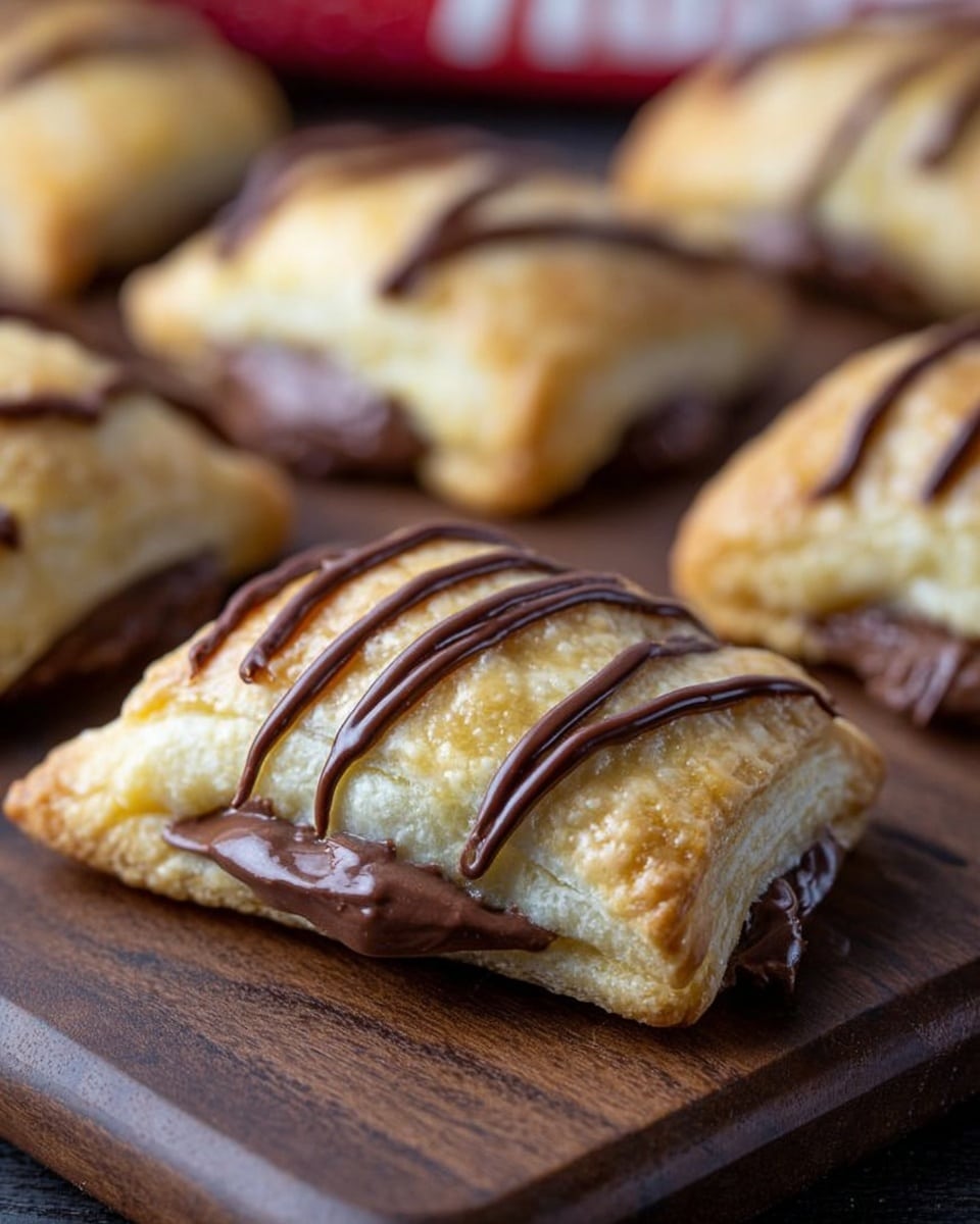 The image shows small, pillow-shaped pastries resting on a dark wooden surface, which is changed to a white marbled texture. Each pastry has a light golden brown, flaky dough layer with smooth, thick, dark chocolate filling peeking out from the sides. On top, thin chocolate drizzle lines run diagonally across the pastries, adding texture and shine. The pastries are arranged close together, showing their soft, slightly crispy crust and creamy chocolate inside. Photo taken with an iphone --ar 4:5 --v 7