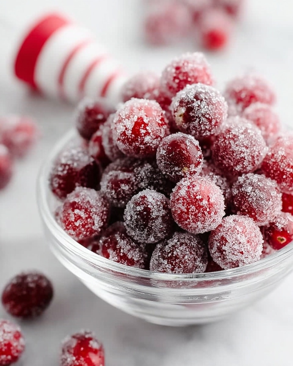 A clear glass bowl filled with many small red cranberries covered in white sugar crystals, creating a frosty look; a few sugared cranberries are scattered around the bottom outside of the bowl, all sitting on a white marbled surface with blurred green and red tree shapes in the background; the bright, natural light highlights the shiny sugar and the rich red of the cranberries, making them look sweet and fresh photo taken with an iphone --ar 4:5 --v 7