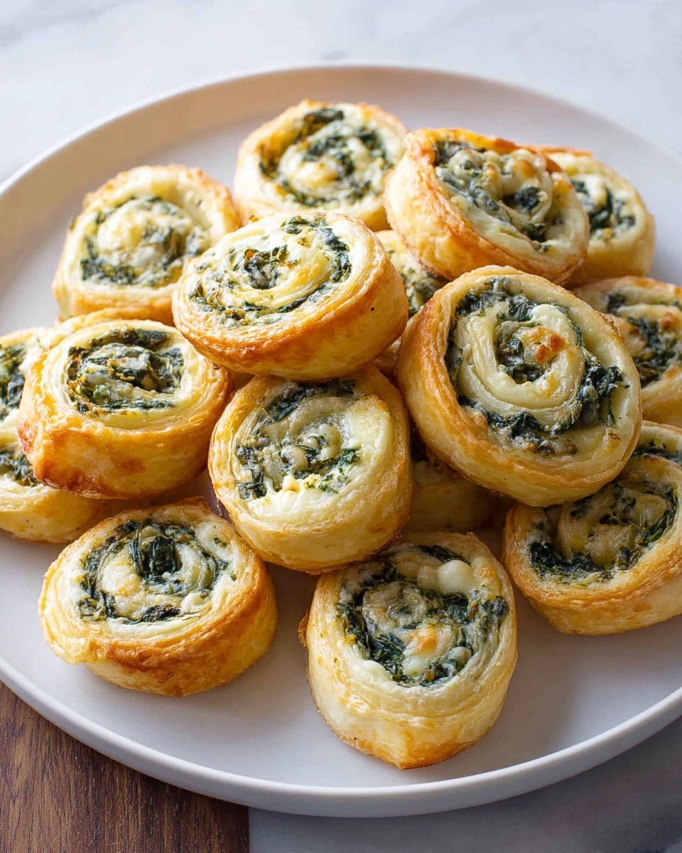 The image shows a white plate filled with several golden-brown spiral rolls stacked neatly. Each roll has two visible layers: the outer layer is a crispy, light golden dough, and the inner layer contains a green leafy spinach filling mixed with creamy white cheese. The spirals have a slightly crunchy texture on the edges, with a soft and gooey center. The plate is placed on a white marbled surface, adding clean contrast to the food. photo taken with an iphone --ar 4:5 --v 7