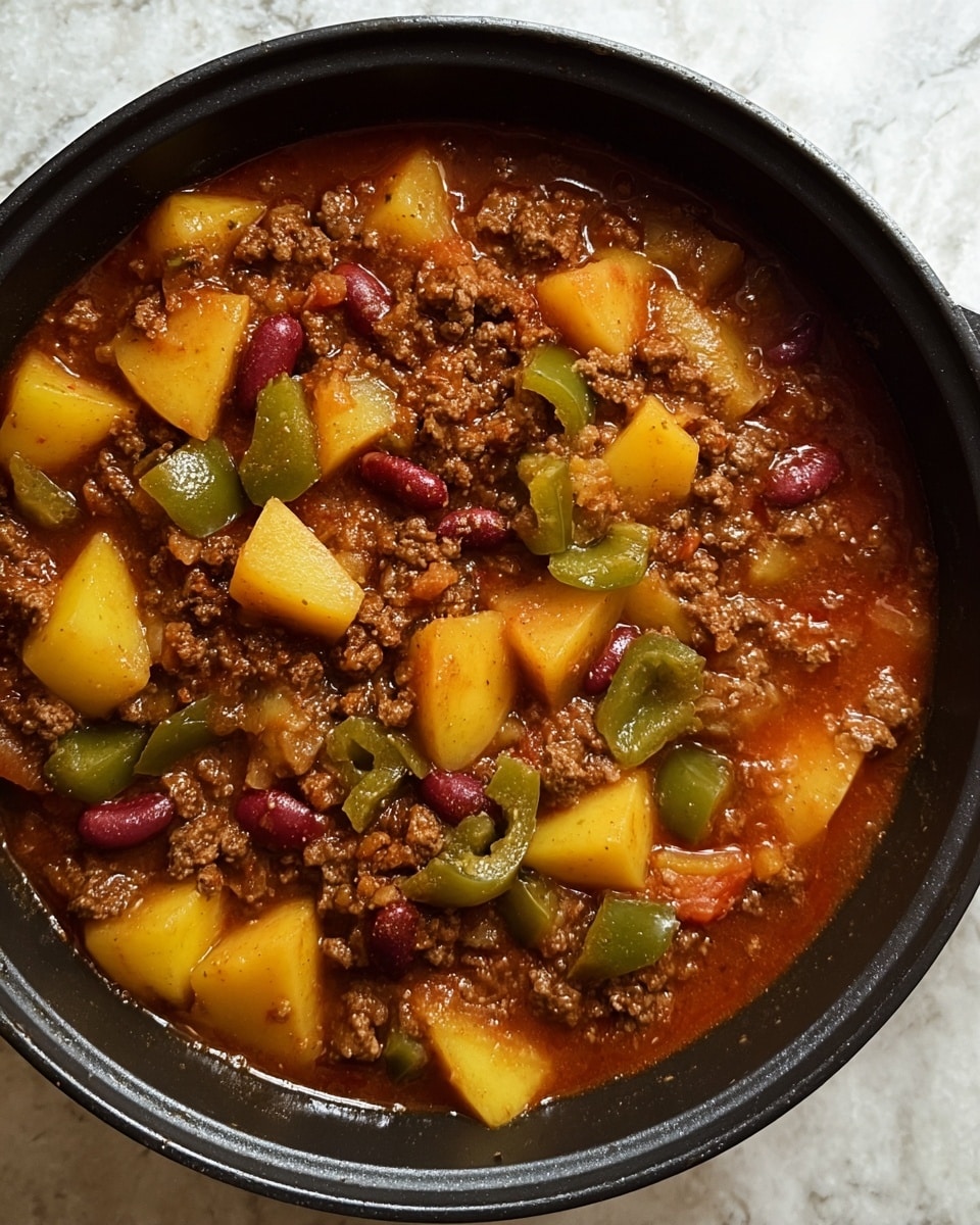 A close-up view inside a black pot filled with a thick stew made of three main layers: the bottom layer is a rich reddish-brown sauce; the middle layer contains chunks of diced yellow potatoes evenly spread throughout; and the top layer consists of crumbled brown ground meat mixed with green bell pepper pieces, small red kidney beans, and some diced translucent white onions, all soaked slightly in the sauce, sitting on a white marbled surface. photo taken with an iphone --ar 4:5 --v 7