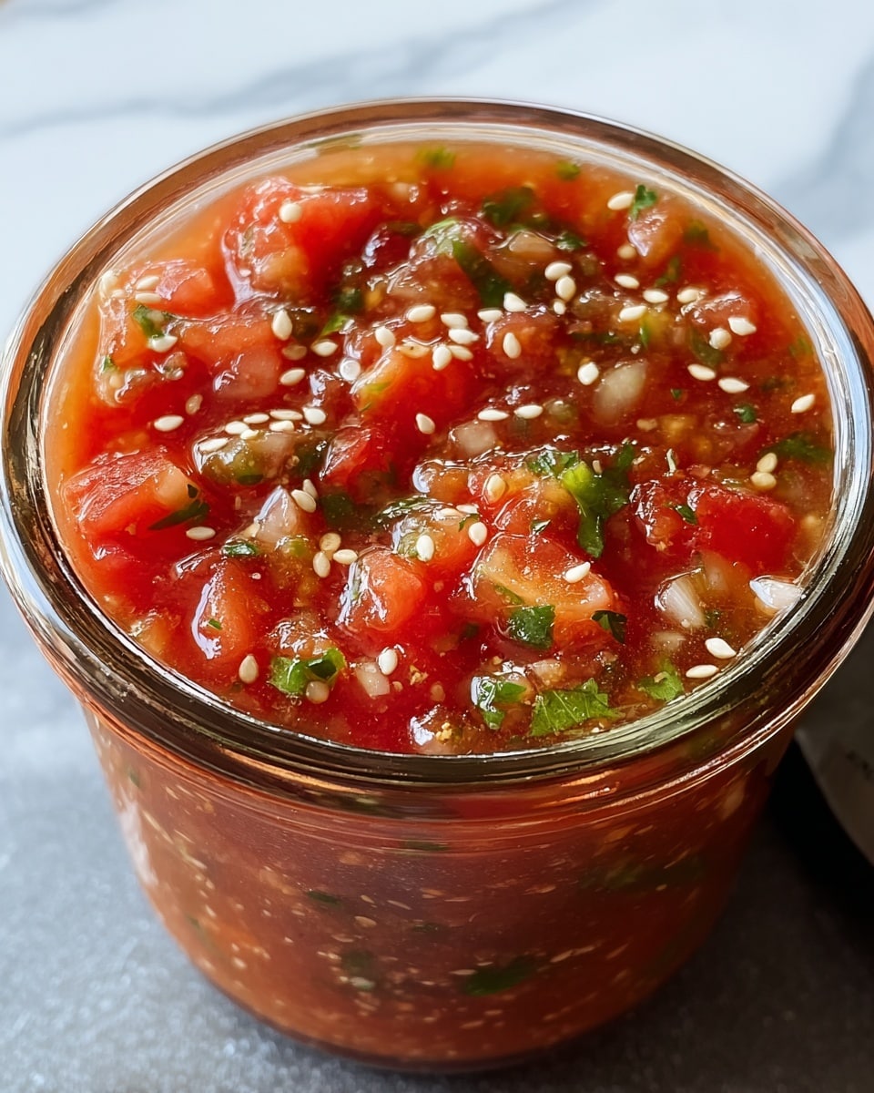 A close-up image of a clear glass jar filled with chunky salsa, showing three main layers: the bottom layer is a textured, reddish sauce with visible small green herb pieces and white sesame seeds; the middle layer includes larger bright red tomato chunks mixed with bits of white onion and green chopped cilantro; the top layer is similar, showcasing fresh green cilantro leaves and sesame seeds scattered over the glossy tomato mix. The jar has a black rim and sits on a white marbled surface. photo taken with an iphone --ar 4:5 --v 7