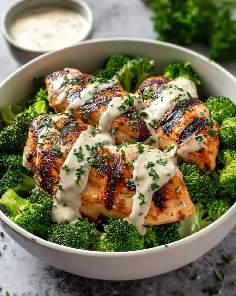 Grilled Chicken & Broccoli Bowls with Creamy Garlic Sauce Recipe