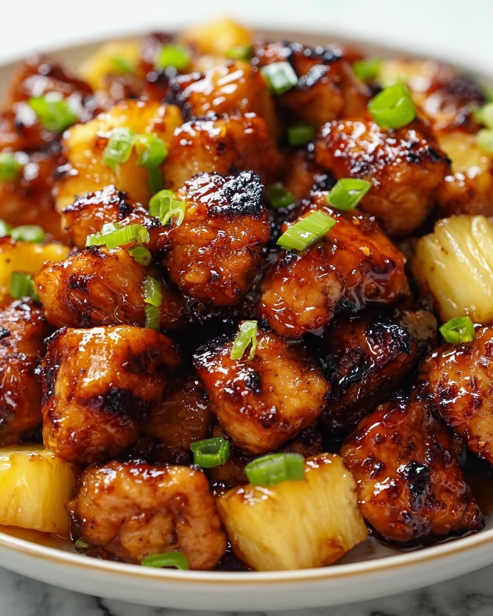 The image shows a close-up of sticky, glazed chunks of golden-brown chicken, each piece caramelized with a shiny, slightly charred surface and speckled with small bits of dark grill marks. Mixed in are bright yellow pineapple chunks with a translucent, juicy texture, contrasting with the rich chicken pieces. Scattered on top are small, freshly chopped green onion bits that add a pop of green color. The food is layered in a pile, filling the frame with the glossy glaze catching the light. The background is a white marbled texture. photo taken with an iphone --ar 4:5 --v 7