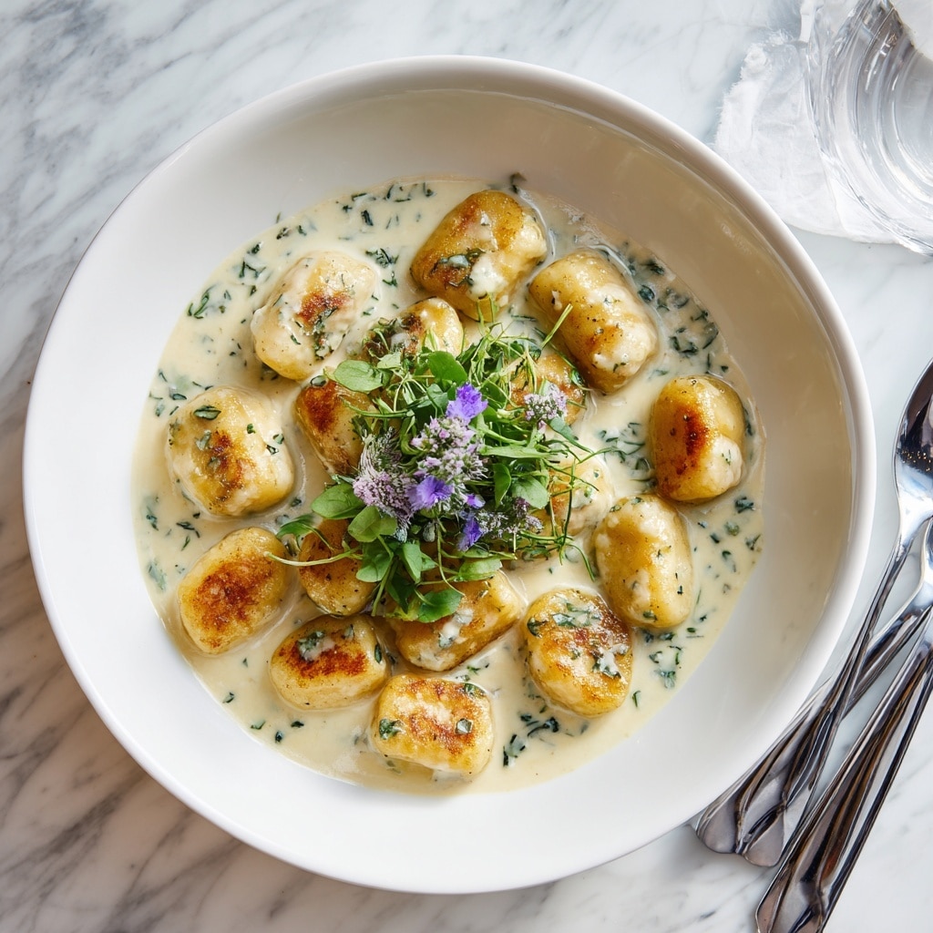 The image shows a white bowl filled with about sixteen golden-brown gnocchi pieces, each slightly crispy on the outside and soft inside, all coated in a creamy white sauce speckled with finely chopped green herbs. The gnocchi pieces are evenly spread and nestled in the smooth sauce, creating a rich and inviting texture. At the center of the dish, there is a small bunch of fresh green herbs with tiny purple flowers resting on top, adding a fresh and colorful touch. The bowl is placed on a white marbled surface with silver cutlery visible in the top right corner. photo taken with an iphone --ar 4:5 --v 7