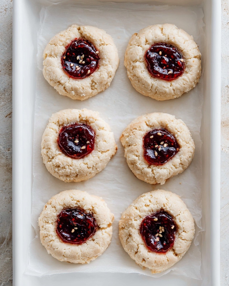 The image shows a white baking tray lined with beige parchment paper holding eight thumbprint cookies. Each cookie has two layers: the first layer is a round, rough-textured white dough base, and the second layer is a small, deep red jam filling placed in the center, with a glossy appearance and dark seeds visible within the jam. The cookies are evenly spaced on the tray which sits on a white marbled surface. photo taken with an iphone --ar 4:5 --v 7