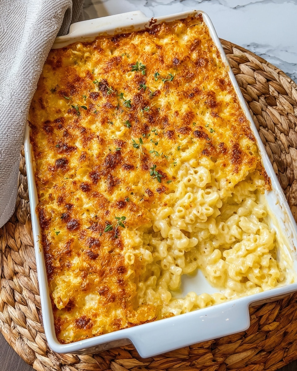 A close-up view of a baked macaroni and cheese in a white rectangular dish, showing two layers; the top layer is golden brown, bubbly, and crispy melted cheddar cheese with small green herb sprinkles, while the layer beneath is creamy pale yellow macaroni pasta in cheese sauce with a smooth, slightly glossy texture; the edges of the dish have some baked cheese crust that is darker orange and slightly charred. The dish is set on a woven mat, with a white marbled textured surface partially visible in the background. photo taken with an iphone --ar 4:5 --v 7