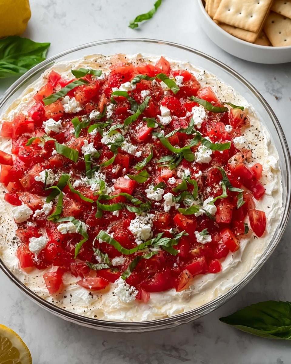 A clear glass bowl with three visible layers sits on a white marbled surface. The bottom layer is thick and creamy white, with a smooth texture. The middle layer consists of chopped bright red tomatoes, scattered evenly over the cream. The top layer shows fresh strips of green basil leaves and small white chunks of cheese sprinkled throughout. Cracked black pepper and a dusting of fine white seasoning are lightly spread over all the layers, adding contrast. In the background are fresh green basil leaves, a lemon wedge, and a white bowl filled with light brown crackers. photo taken with an iphone --ar 4:5 --v 7