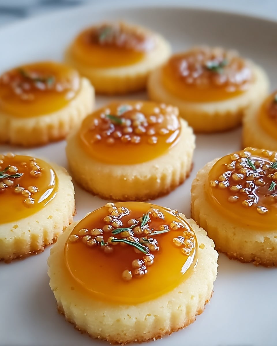 The image shows a white plate filled with small, round treats that have two clear layers: a thick, smooth pale yellow base with a slightly crumbly edge and a shiny, dark orange topping dotted with sesame seeds and small green herb pieces. Each treat is uniformly shaped with scalloped edges, and the glossy topping looks sticky or syrupy, giving a contrasting texture to the soft matte base. The white plate sits on a white marbled texture surface, with the treats arranged neatly in rows, catching soft natural light that highlights their texture and color. Photo taken with an iphone --ar 4:5 --v 7