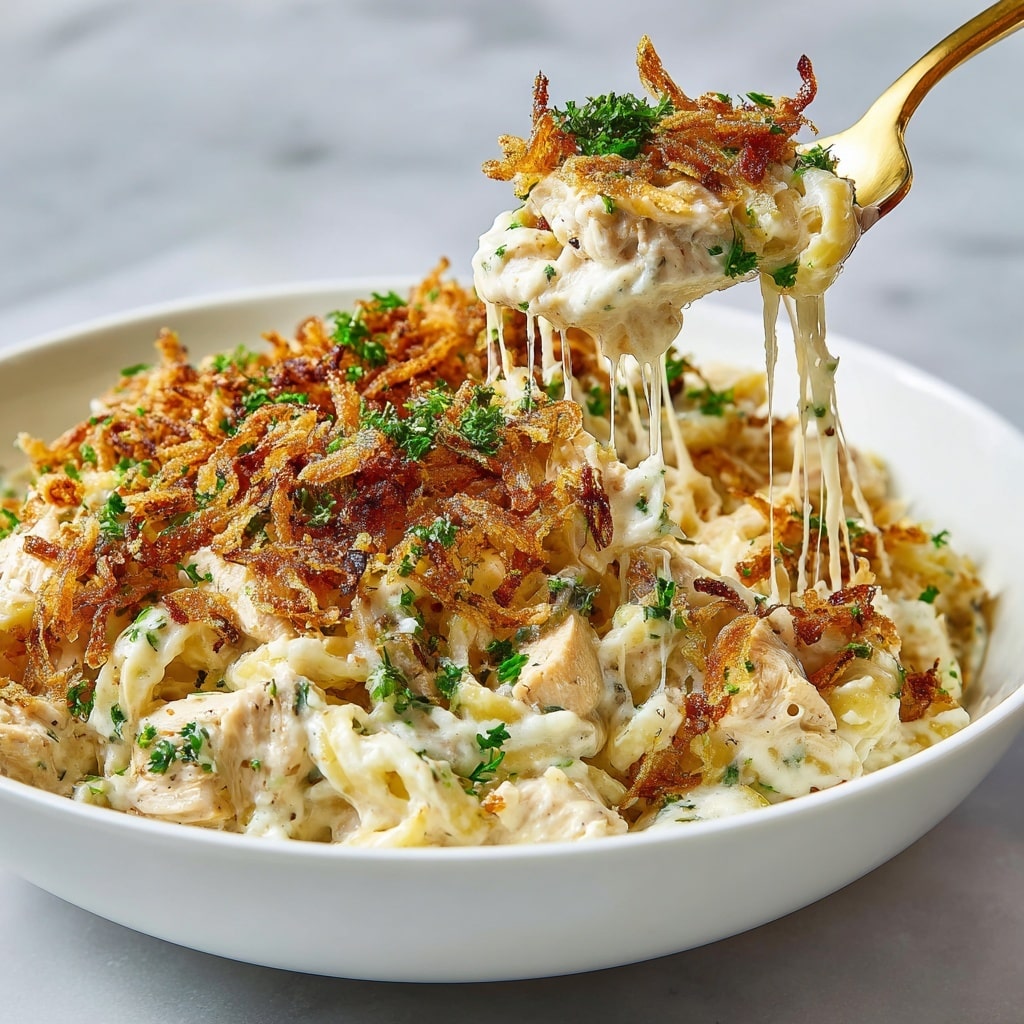 A close-up of a white bowl filled with creamy, cheesy pasta mixed with herbs and small pieces of chicken, topped with a layer of golden-brown, crispy fried onions and chopped green parsley. A golden spoon lifts a portion, showing gooey cheese strings stretching down, with the pasta creamy white and dotted with green bits and tender chicken pieces. The crispy onions add a crunchy texture and rich brown color on top, while the background is a soft gray, and the bowl sits on a white marbled surface. photo taken with an iphone --ar 4:5 --v 7