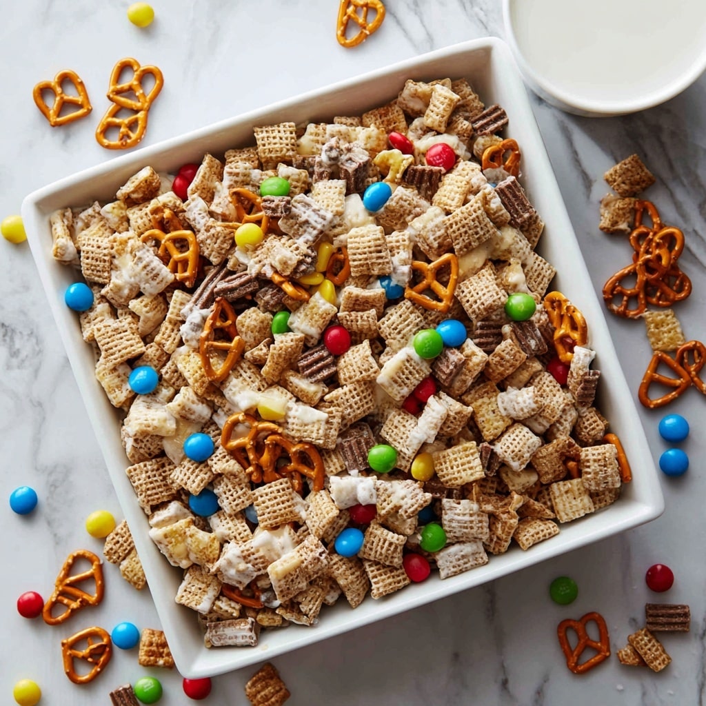 A white tray filled with a mix of small square cereal pieces in light tan color, orange-brown pretzels, and colorful round candies in blue, red, yellow, and green scattered throughout. The cereal is coated and clumped unevenly with a white, sticky coating that looks like melted marshmallow or white chocolate. The mix shows some layers of darker pieces, possibly chocolate, adding contrast. The tray sits on a white marbled surface, with a few colorful candies and pretzels spilled around. A white bowl with a white liquid, possibly milk, is partially visible in the corner. photo taken with an iphone --ar 4:5 --v 7