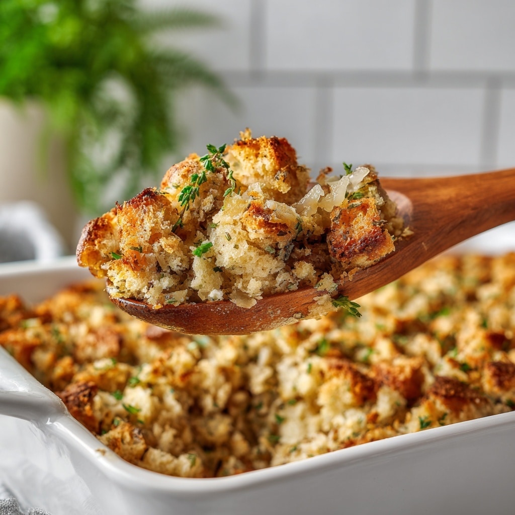 A thick, uneven square piece of golden-brown baked stuffing sits on a white square plate. The stuffing is made of crumbly, textured bits with visible green herb flecks and small pieces of celery and bread, creating a mix of light beige, green, and slightly toasted yellow colors. A silver fork rests next to the stuffing on the plate's right side. In the background, there is a large white baking dish filled with more stuffing, and the setting is on a white marbled surface with a subtle white tiled wall behind. photo taken with an iphone --ar 4:5 --v 7