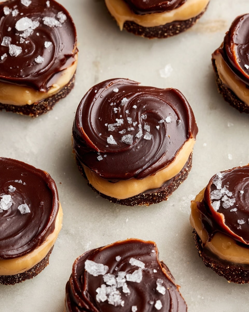 The image shows several small treats arranged on a white marbled textured surface. Each treat has three visible layers: the bottom layer is a dark brown and slightly rough textured base, the middle layer is a smooth, creamy light brown spread that slightly oozes out around the edges, and the top layer is a glossy, dark chocolate coating with a swirl pattern. The chocolates are sprinkled with coarse white salt flakes on the top. photo taken with an iphone --ar 4:5 --v 7