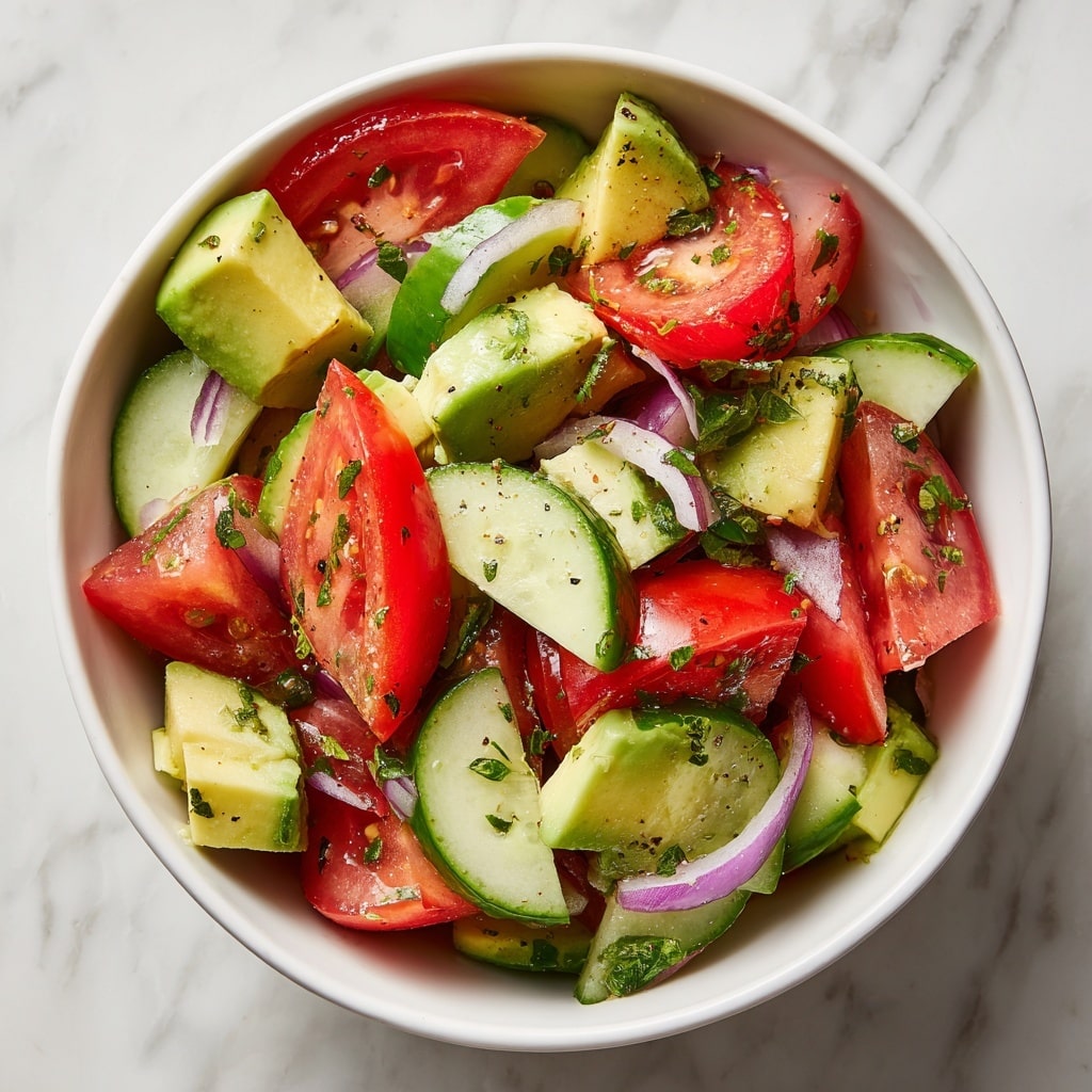 A white bowl filled with a fresh salad showing three main layers: bright red tomato wedges with soft, juicy texture scattered evenly, medium green cucumber slices with a smooth outer skin and translucent interior spread throughout, and creamy light green avocado chunks with smooth, slightly glossy surfaces mixed in. Small pieces of purple onion are sprinkled on top, adding pops of color and a bit of texture. The salad is lightly coated with a shiny dressing, and small green herb leaves are dotted across the layers, giving it a fresh, vibrant look. The bowl sits on a white marbled texture. Photo taken with an iphone --ar 4:5 --v 7