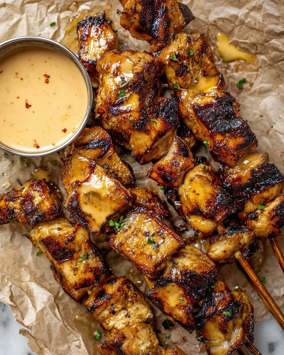 Several wooden skewers with grilled chicken pieces are stacked closely together on a crumpled light brown paper surface. The chicken has a shiny, golden-brown glaze with charred spots that give it a slightly blackened texture and a juicy, tender look. The pieces vary in size but are mostly thick and rectangular, showing a white cooked interior in some. A round metal cup with a creamy, light orange dipping sauce with tiny specks of seasoning sits on the left side of the image. Small bits of green herbs are scattered on the chicken and paper. The scene is set on a white marbled texture. photo taken with an iphone --ar 4:5 --v 7