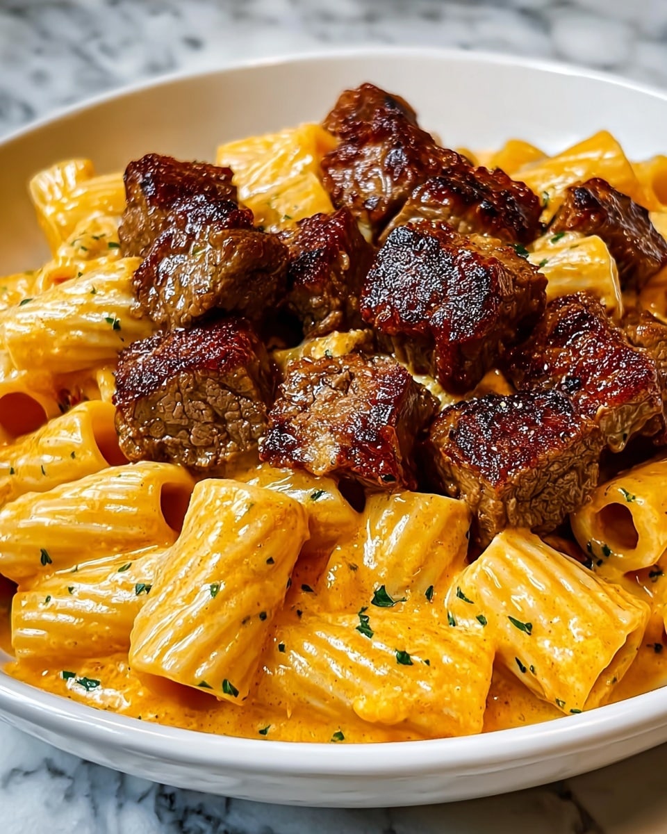 The image shows a close-up of a white bowl filled with rigatoni pasta coated in a creamy, orange-colored sauce speckled with small green herbs. On top of the pasta, there are several pieces of browned, grilled steak cut into bite-sized cubes, with a juicy and slightly charred texture. The pasta has visible ridges and a smooth, glossy surface from the sauce. The bowl sits on a white marbled surface, adding a clean and elegant look to the presentation. photo taken with an iphone --ar 4:5 --v 7