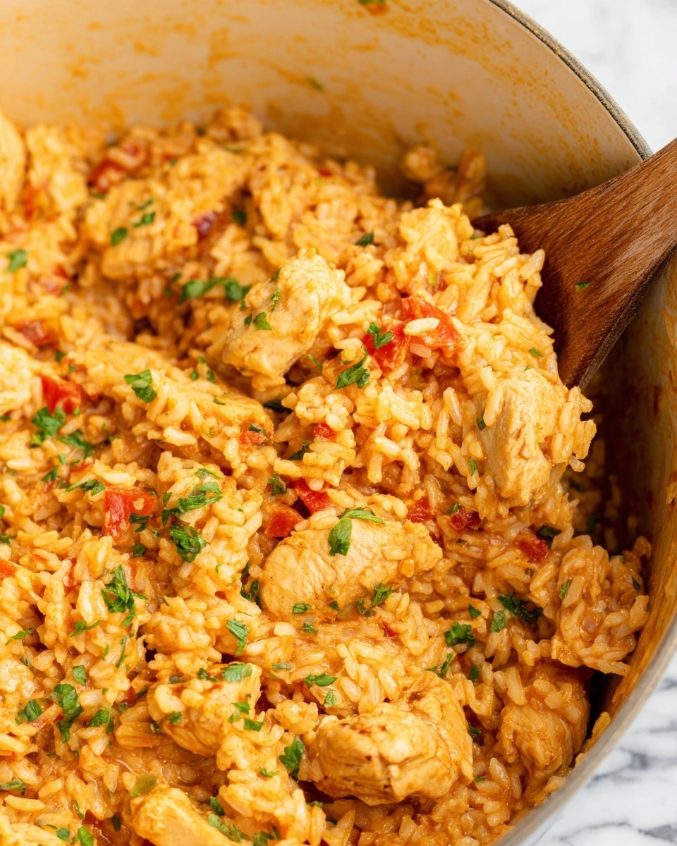 The image shows a close-up view of a creamy rice dish mixed with browned chicken pieces. The rice is a warm orange-yellow color, with small bits of red, likely from tomatoes or peppers, scattered throughout. The chicken pieces are light golden brown and well-coated in the sauce. Small green parsley leaves are sprinkled on top, adding a fresh touch. A wooden spoon is partially visible on the right side, stirring the mixture inside a pot. The background is a white marbled texture. photo taken with an iphone --ar 4:5 --v 7
