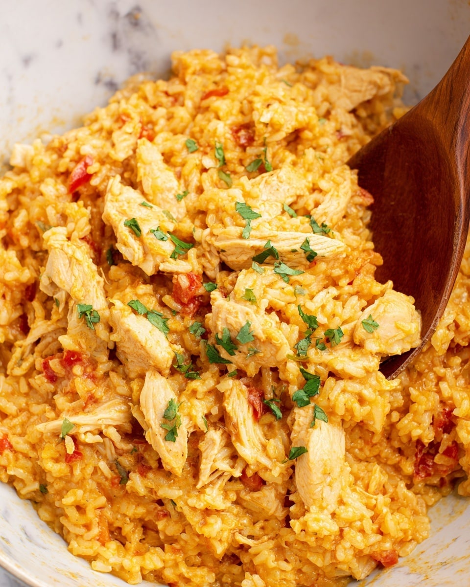 This image shows a close-up of a creamy rice dish mixed with pieces of cooked chicken. The dish has three main layers: the bottom layer is soft, orange-yellow rice with small bits of red, likely tomato, giving it a moist texture; the middle layer consists of tender, light golden chicken slices scattered evenly throughout; the top layer has a light sprinkle of fresh green herbs adding a touch of color and freshness. A wooden spoon is partly visible on the right side, resting in the dish against the white marbled background. photo taken with an iphone --ar 4:5 --v 7