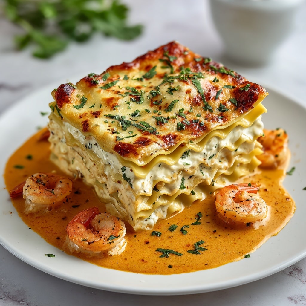 A thick square slice of lasagna sits on a white plate, showing multiple layers of wavy, pale yellow pasta sheets. Between the layers is a creamy white sauce mixed with herbs and pieces of shrimp. The top layer is covered in melted, golden-brown cheese sprinkled with finely chopped green herbs. Around the lasagna, several plump shrimp are nestled in a smooth, rich, orange-tinted sauce that spreads slightly on the plate. The scene is set on a white marbled textured surface with a hint of green leafy garnish softly blurred in the background. photo taken with an iphone --ar 4:5 --v 7