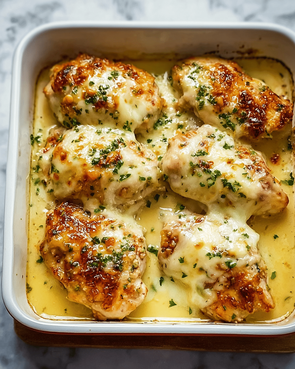 The image shows a white rectangular dish filled with four pieces of cooked chicken, each topped with melted cheese that looks slightly golden and bubbly. The chicken has a crispy brown texture underneath the cheese, and the cheese itself has a smooth, creamy appearance with small bits of green herbs sprinkled on top. The dish contains a light yellow sauce around the chicken, adding a glossy look. The chicken pieces are placed close together in the dish, which rests on a white marbled surface. photo taken with an iphone --ar 4:5 --v 7