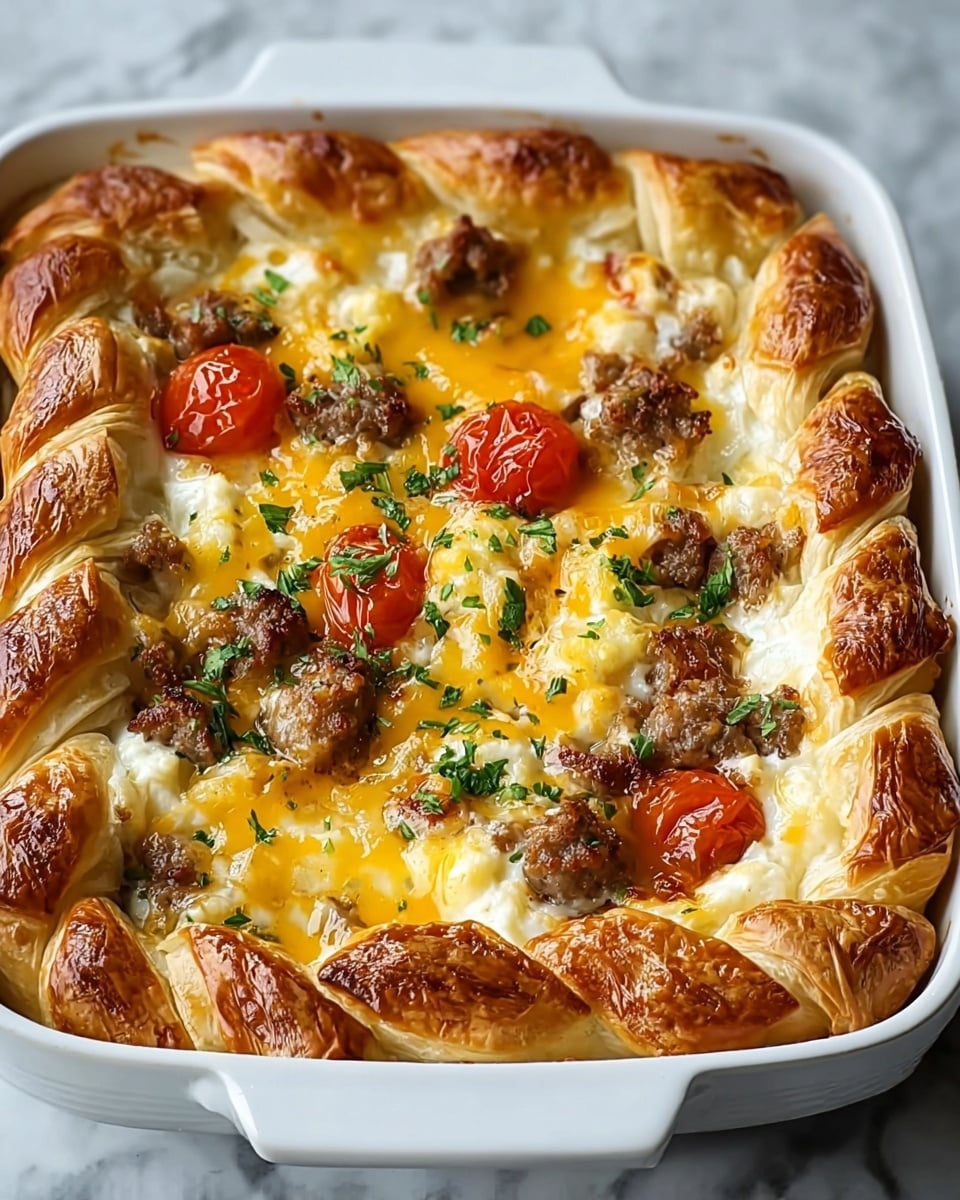 The image shows a baked dish in a white casserole dish with a golden-brown crust made of folded pastry rolls lining the edges, creating a raised border. Inside this border, there are several layers: a base layer of creamy white mashed potatoes mixed with bright red cherry tomatoes, topped with small browned sausage pieces scattered throughout. Over the sausage and potato, there is a layer of melted yellow cheddar cheese with a bubbly texture, sprinkled with chopped fresh green herbs. The dish looks warm and hearty, with the pastry edges crisp and flaky. It is placed on a white marbled surface. Photo taken with an iphone --ar 4:5 --v 7