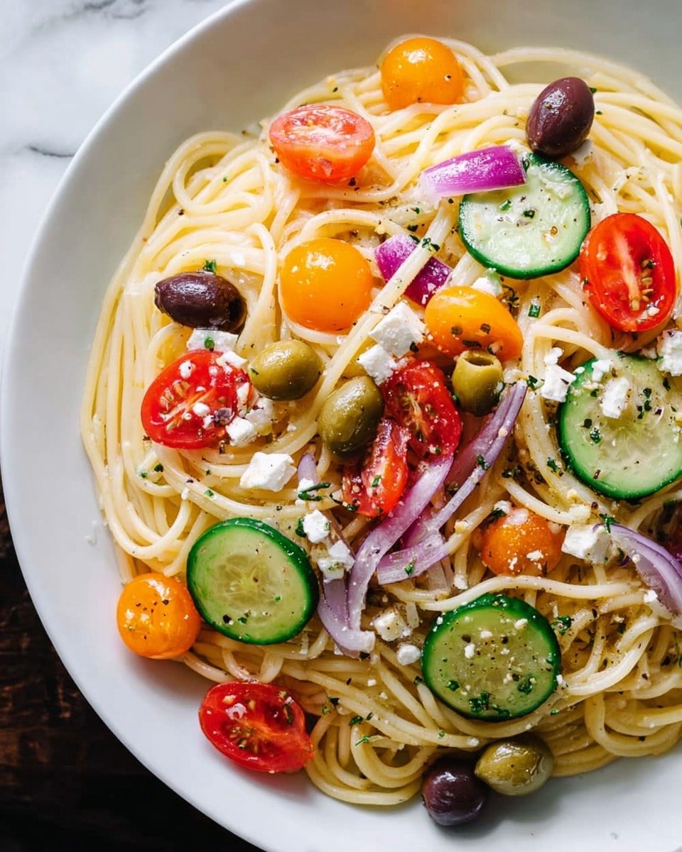 A close-up of a white plate filled with spaghetti pasta, topped with colorful ingredients. The bottom layer is the light yellow cooked spaghetti, twisted and spread across the plate. On top, there are slices of green cucumber, halved red and orange cherry tomatoes, and sliced black and green olives. Small pieces of purple-red onion and white feta cheese cubes are scattered over everything. The dish looks fresh and lightly seasoned with small bits of herbs and black pepper. The background is a white marbled surface. photo taken with an iphone --ar 4:5 --v 7