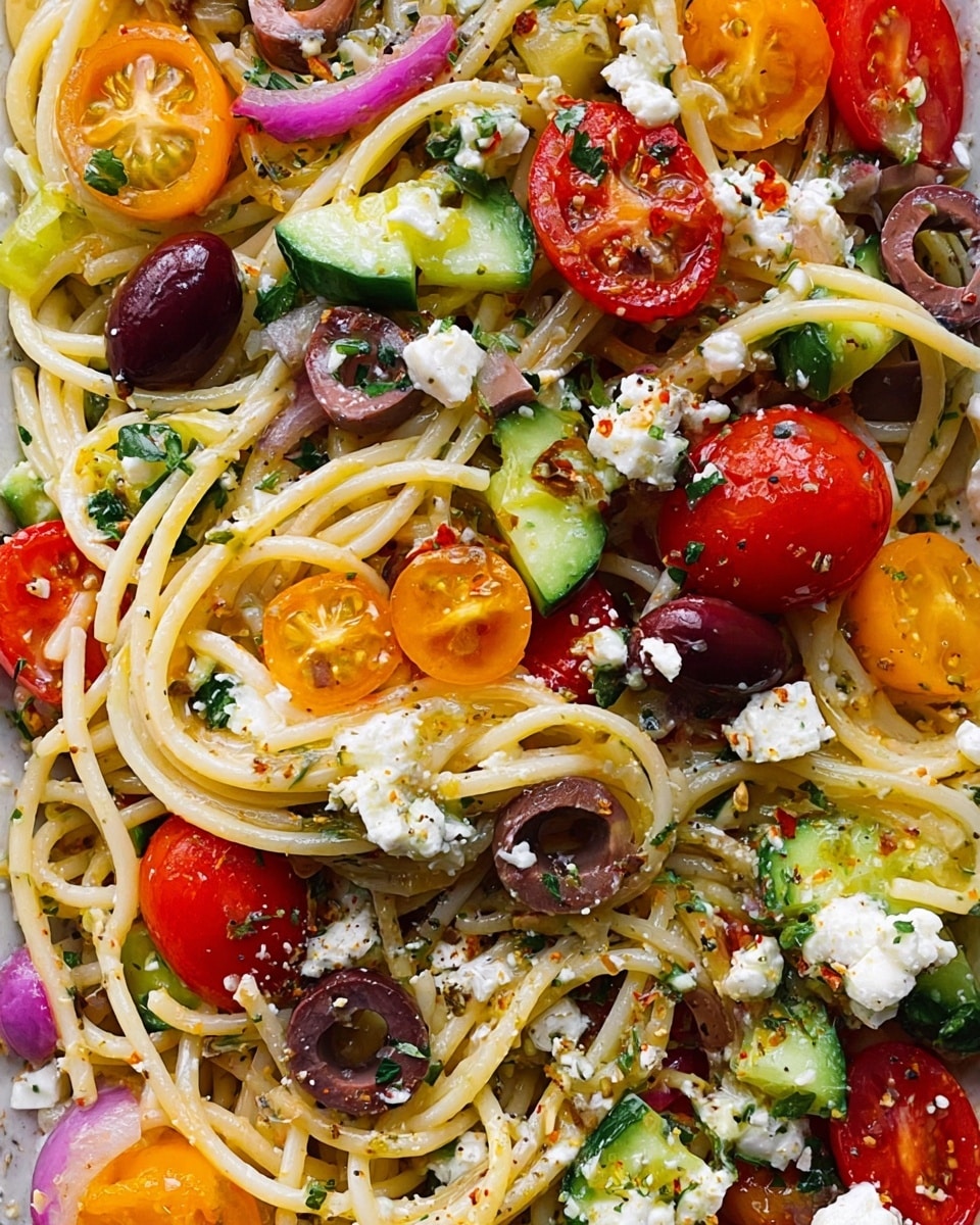 The image shows a close-up of a spaghetti salad with several layers mixed together: a base layer of light yellow cooked spaghetti strands tangled and spread out evenly, topped with slices of bright red and orange cherry tomatoes halved, green cucumber chunks with skin, and small pieces of purple-red onion. Scattered on top are slices of black and green olives, along with crumbly white feta cheese pieces. The entire dish is sprinkled with herbs and spices, giving it a fresh and colorful look against a white marbled surface. photo taken with an iphone --ar 4:5 --v 7