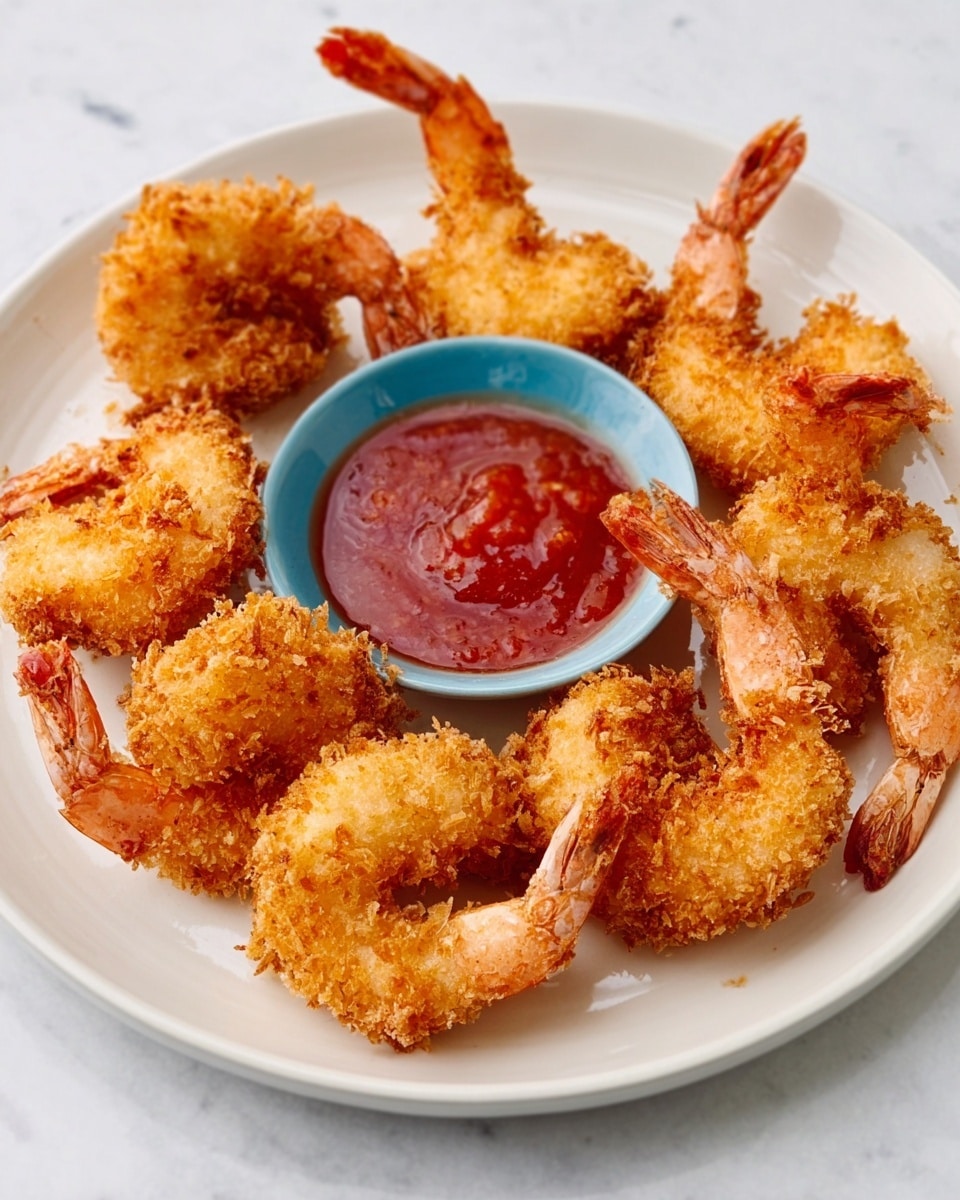 A white plate holds a neat circle of crispy golden fried shrimp, each with a crunchy textured coating. In the center of the plate, there is a small blue bowl filled with bright red dipping sauce. The shrimp are arranged around the bowl, showing their curved shapes and tails. The plate sits on a white marbled surface with soft lighting highlighting the shrimp’s crunchy texture and the smooth sauce. Photo taken with an iphone --ar 4:5 --v 7