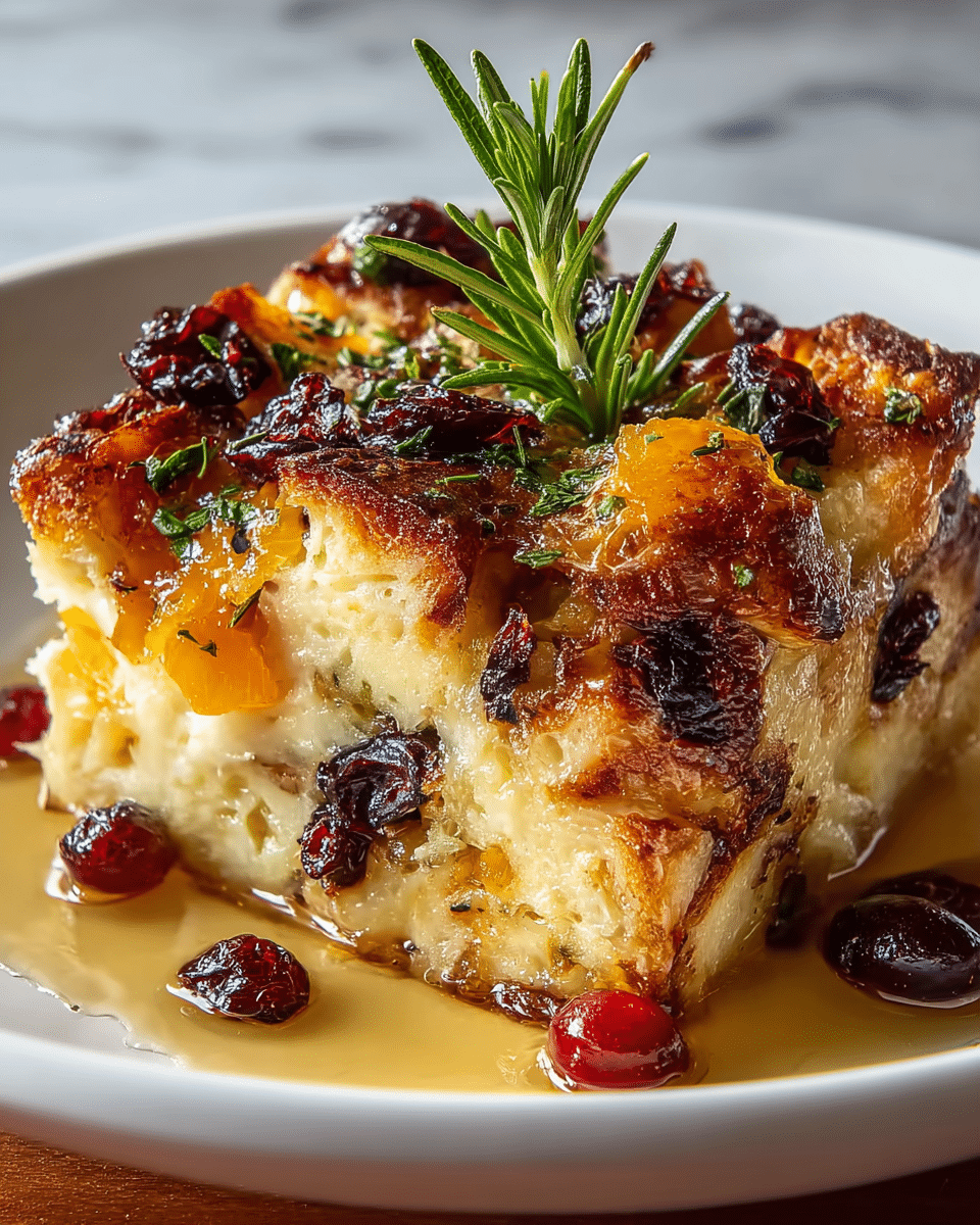 A thick square slice of bread pudding with a golden brown crust, slightly crispy and caramelized on top, showing layers of creamy, soft bread soaked in custard, with chunks of orange-colored cheese or fruit within the pudding. The top is dotted with dark red dried cranberries and small green herb leaves, garnished with a sprig of fresh green rosemary standing upright in the middle. The dish is served on a white plate, with some syrup pooling around the edges and a few cranberries and herb leaves scattered around. The background is a white marbled texture. photo taken with an iphone --ar 4:5 --v 7