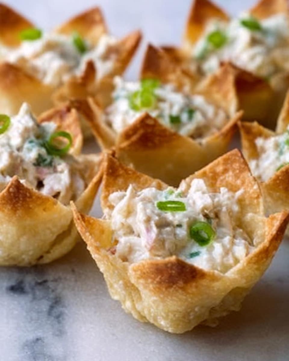 The image shows small crispy taco shell cups filled with a creamy white chicken salad. Each cup has a golden-brown, slightly crispy shell with pointed edges standing up, holding a mixture inside. The filling is thick and creamy with visible chunks of chicken and small pieces of green onion on top for color. The taco cups are arranged closely on a white marbled surface. photo taken with an iphone --ar 4:5 --v 7