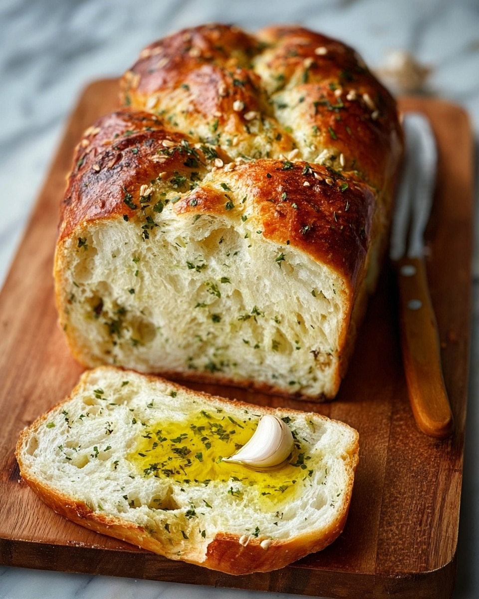 The image shows a loaf of soft, freshly baked bread with a golden brown crust on top, placed on a wooden board. The bread has three distinct raised sections on the top, with a textured crust sprinkled with small herbs and coarse salt. One thick slice is cut from the loaf and laid flat in front, showing a fluffy white inside mixed with green herbs and small darker bits. The slice has a pool of golden olive oil with a garlic clove and sprinkled herbs in the center. The wooden board also holds a knife with a wooden handle and two garlic cloves. The background is a white marbled surface. Photo taken with an iphone --ar 4:5 --v 7