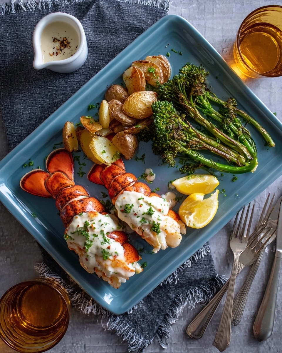 The image shows a blue rectangular plate holding two lobster tails topped with white creamy sauce sprinkled with green herbs, placed side by side near the right edge. On the left side of the plate, there are roasted potato slices with a golden-brown color and roasted green broccolini with some onions, both slightly crisped. Two lemon wedges rest near the bottom right corner of the lobster tails. Next to the plate is a silver fork and spoon set on a white marbled texture. A small white sauce container with pepper flakes stands at the top left corner of the plate. The background features a dark gray cloth with frayed edges and two amber-colored glasses filled with liquid around the plate. Photo taken with an iphone --ar 4:5 --v 7