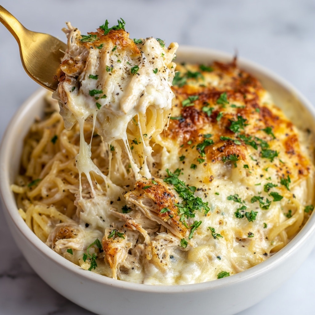 This dish shows a close-up of creamy baked spaghetti in a white bowl on a white marbled surface. The spaghetti is covered with a thick layer of melted cheese sauce, mixed with tender chicken pieces that have some browned crispy edges. The surface has specks of black pepper and is sprinkled with fresh chopped green parsley. A gold fork lifts a clump of spaghetti strands, coated in the creamy sauce, revealing soft, stringy cheese and chunks of chicken underneath. The texture is rich and smooth with a golden browned top layer. Photo taken with an iphone --ar 4:5 --v 7