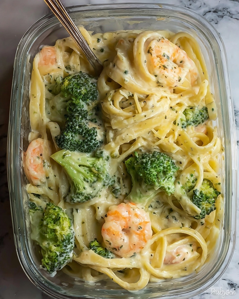 The image shows creamy shrimp fettuccine pasta with broccoli pieces in a clear container. The bottom layer is light yellow fettuccine noodles coated with a smooth, creamy white sauce speckled with herbs. On top of the noodles, there are several pink shrimp that are partially covered in the sauce, and bright green broccoli florets that add a fresh contrast. A fork is placed among the noodles, partially submerged. The surface beneath the container has a white marbled texture. Photo taken with an iphone --ar 4:5 --v 7